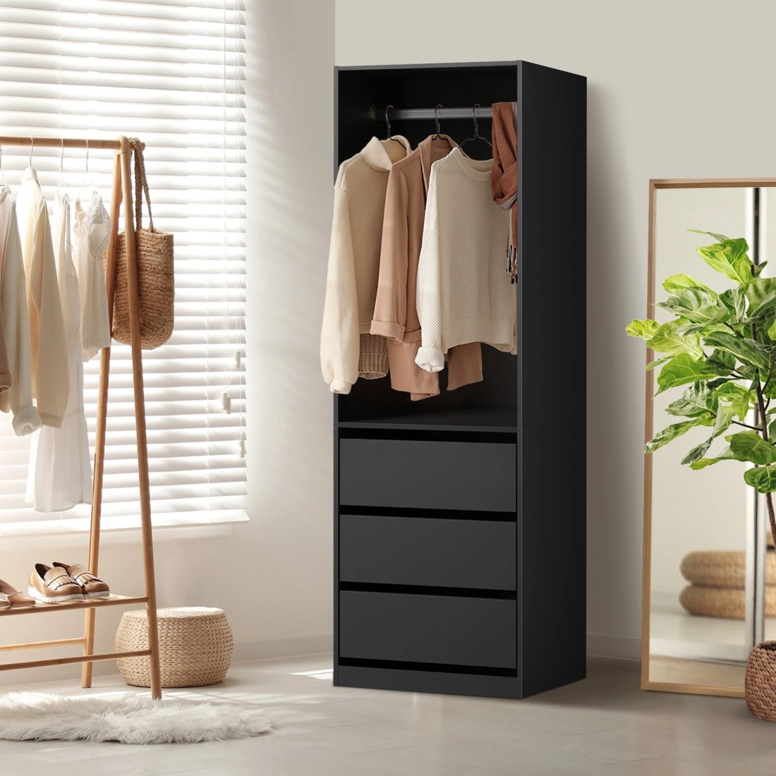 2 Oikiture Open Wardrobe Shelf Unit Clothes Storage 3 Drawers Hanging Rail
 - Black, 2 of 10