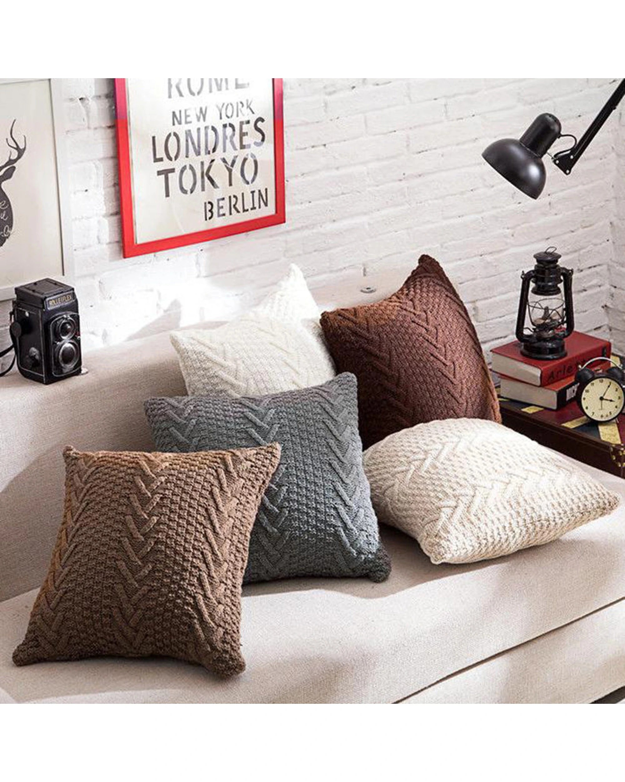 2 Cotton More Acrylic Knitted Square Cushion Cover Pillowcase Herringbone 45x45cm - Grey, 2 of 2