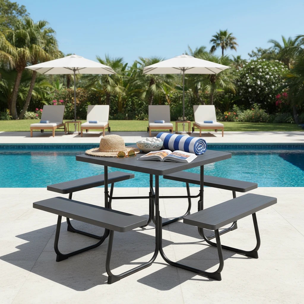 5 Costway 8-person Picnic Dining Table Outdoor Bar Bench Set All Weather w/Umbrella Hole - Black, 5 of 5