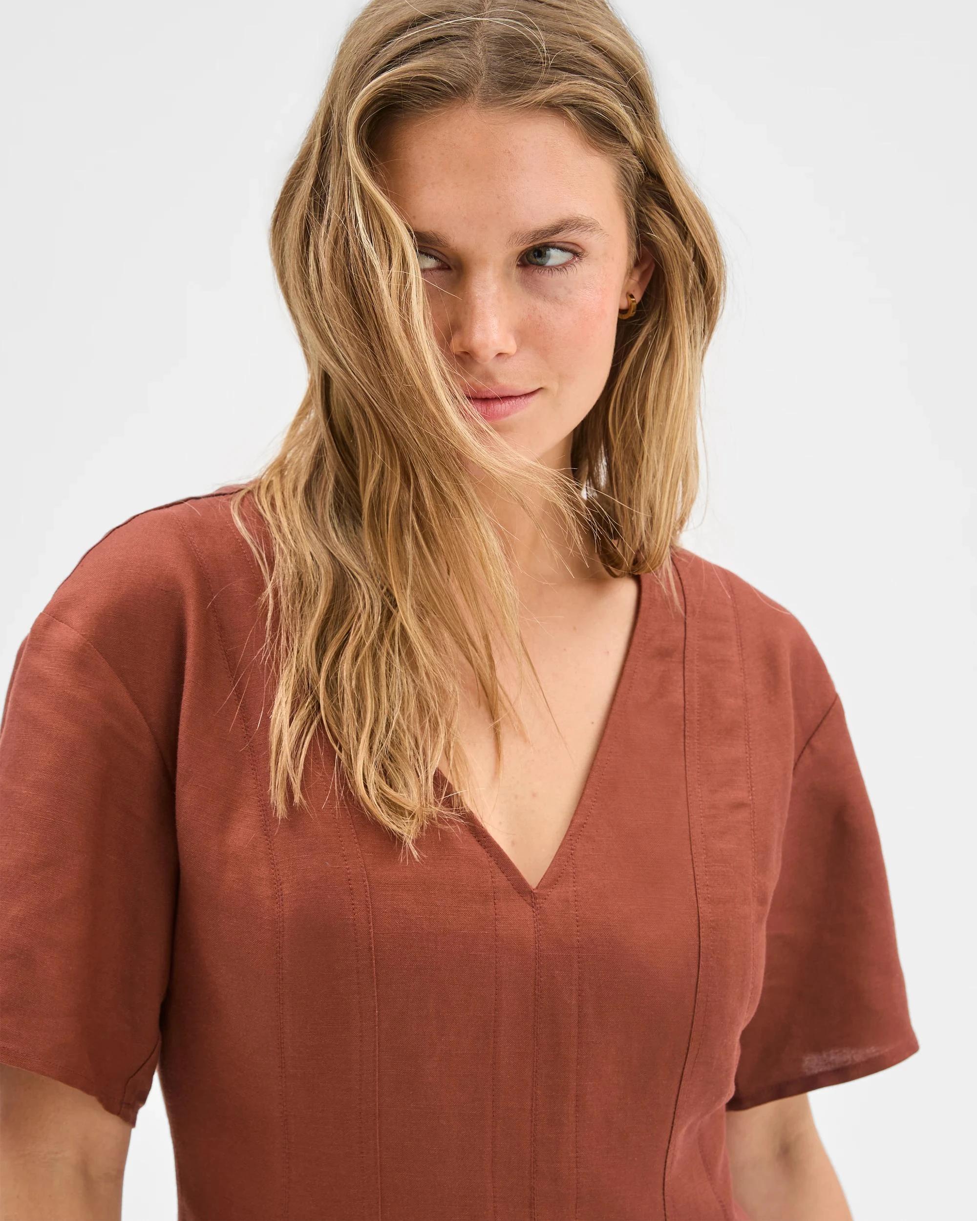 3 Lily Loves European Linen Blend Pleat Mini Dress CINNAMON, 3 of 5