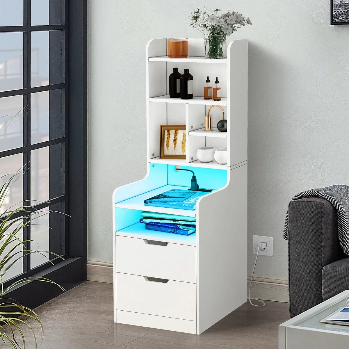 6 LUXSUITE 2IN1 Beside Table Bookshelf LED Nightstand 2 Drawer, 6 of 8