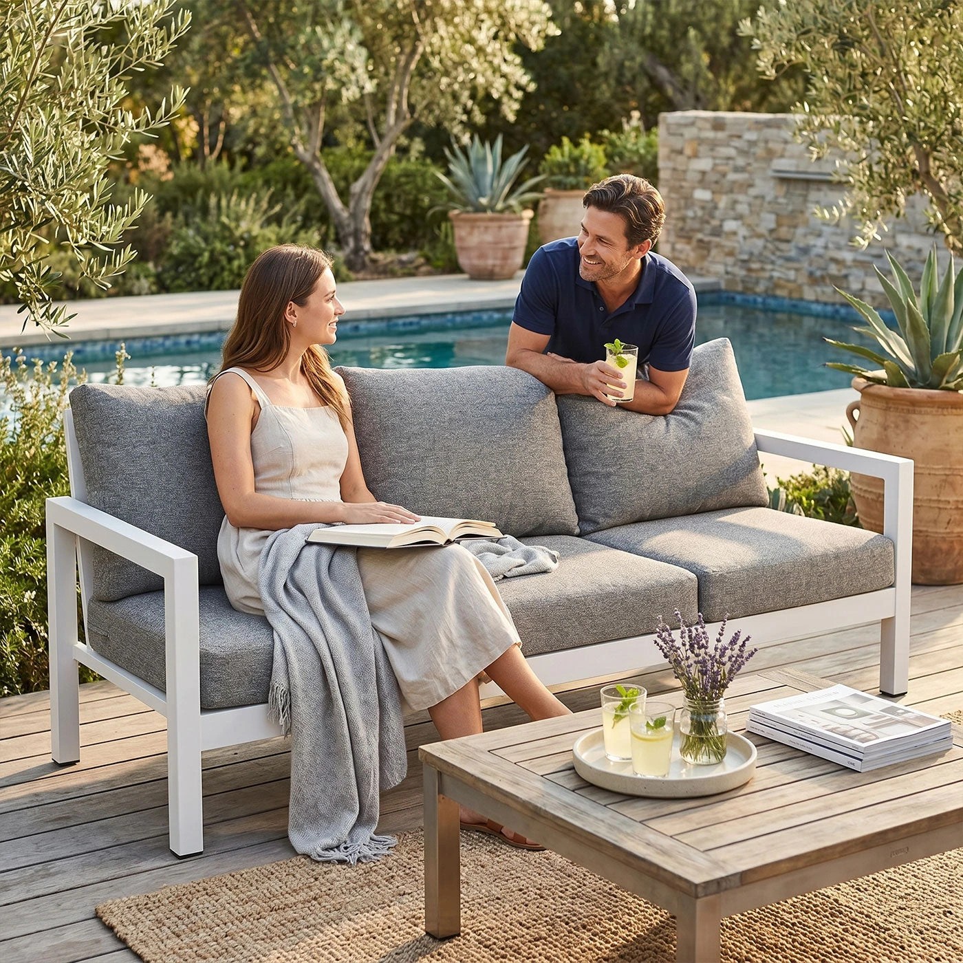 7 Moda Living Manly 3 Seater White Aluminium Outdoor Sofa Lounge - Textured Grey Cushions - White, 7 of 10