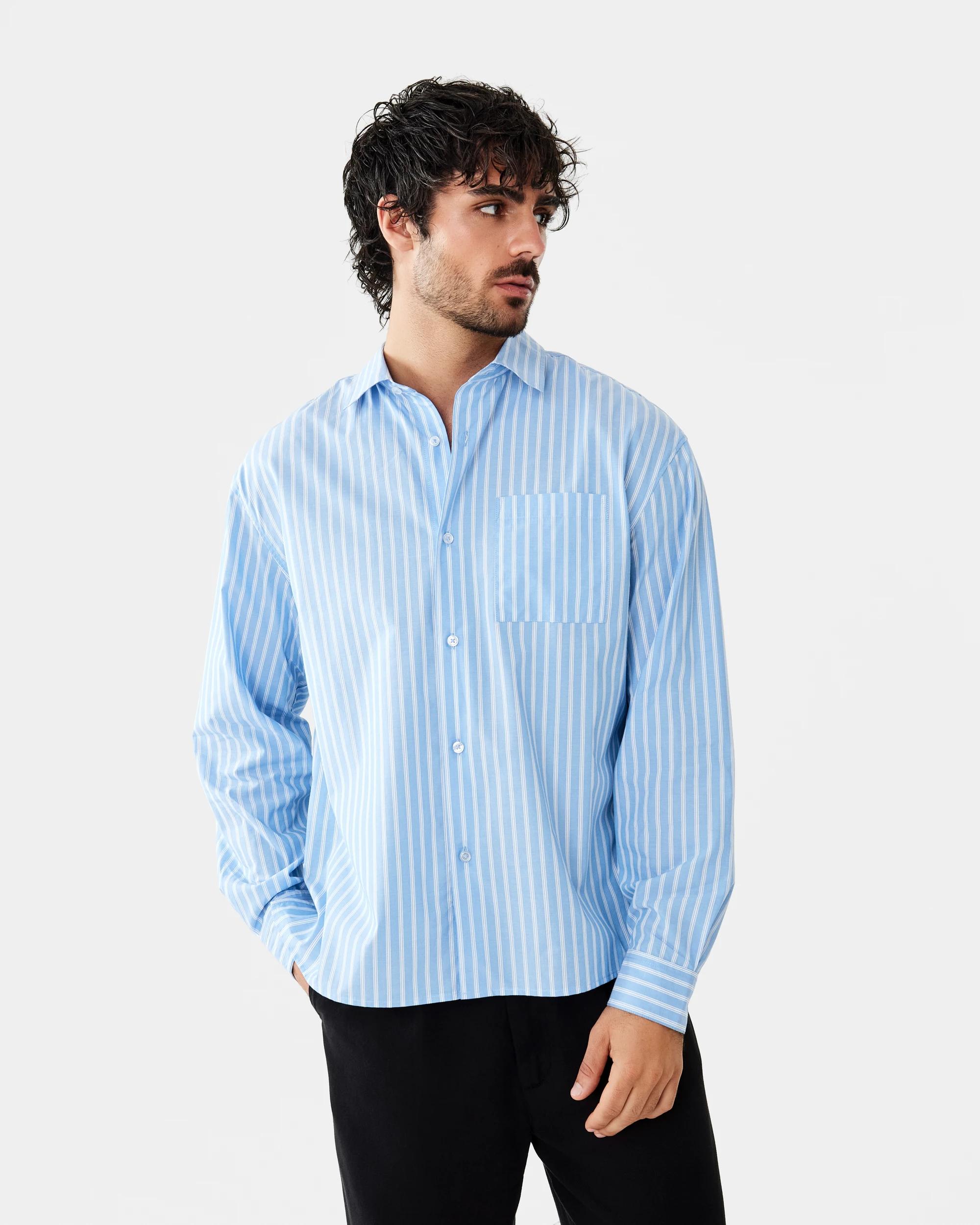 1 Long Sleeve Relaxed Poplin Shirt Blu Stripe, 1 of 10