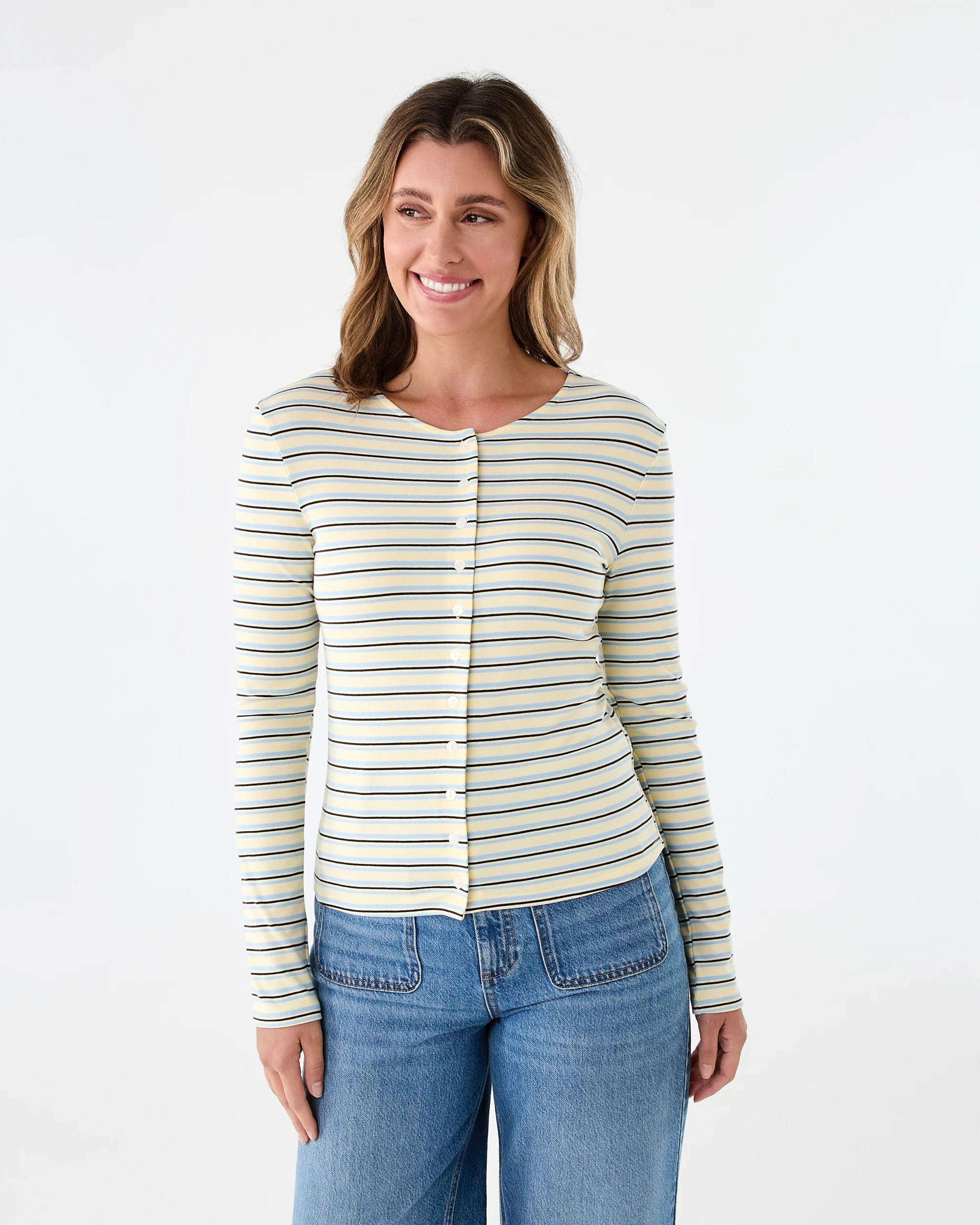 1 Long Sleeve Stripe Cardigan Ylwstripe, 1 of 7