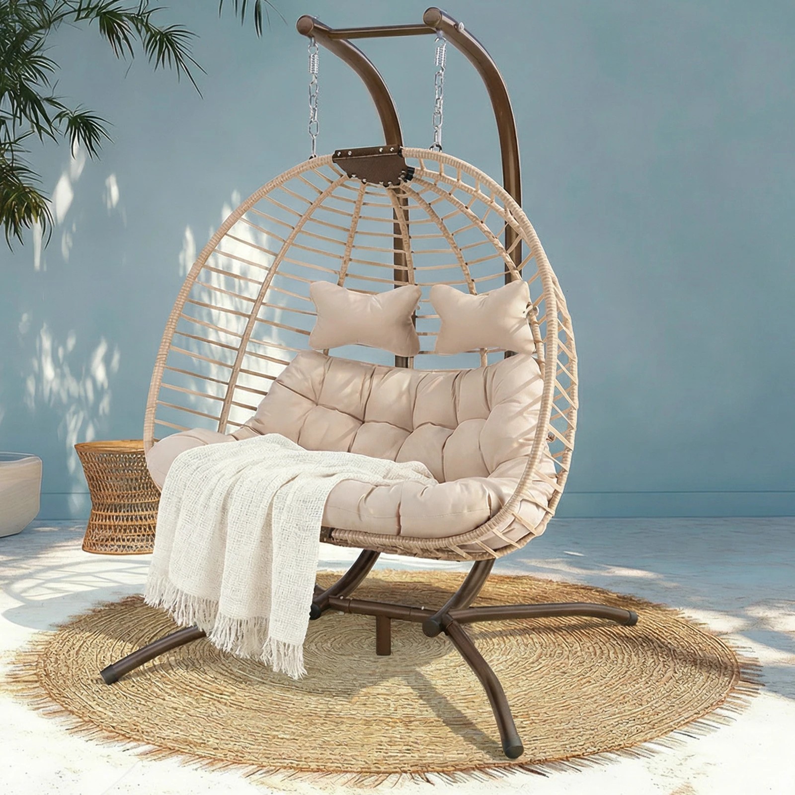 5 Alfordson Outdoor Egg Swing Chair 2 Seater Wicker Rattan Pod Hanging - Beige, 5 of 10