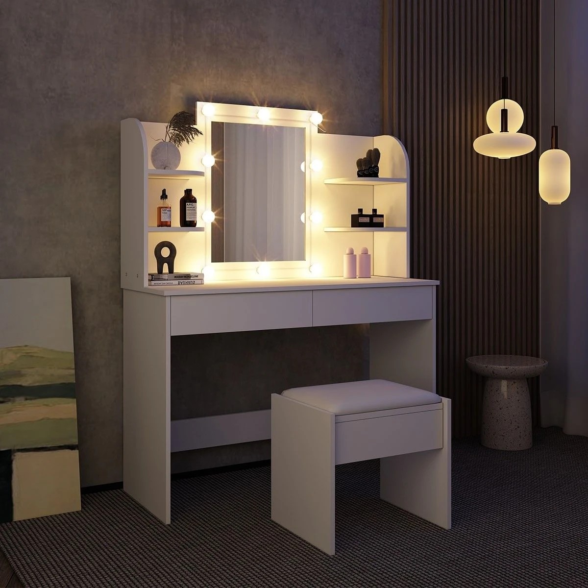 5 Ausway Dressing Table Makeup Vanity Stool Set with Drawers and Lighted Mirror, 5 of 8