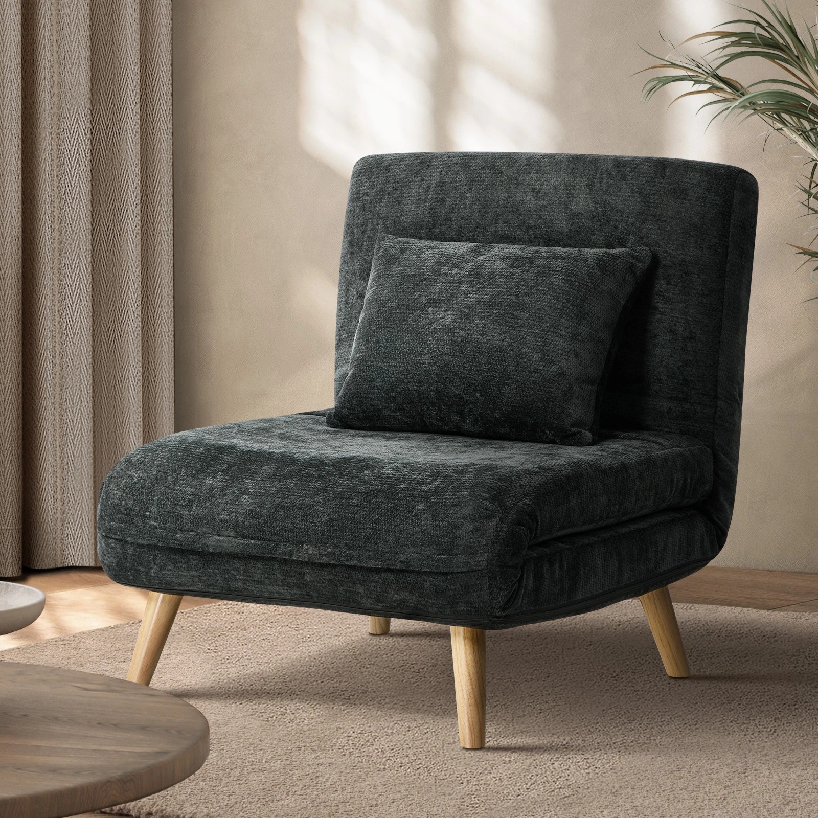 3 Oikiture Single Sofa Bed Lounge Recliner Chenille - Charcoal, 3 of 10