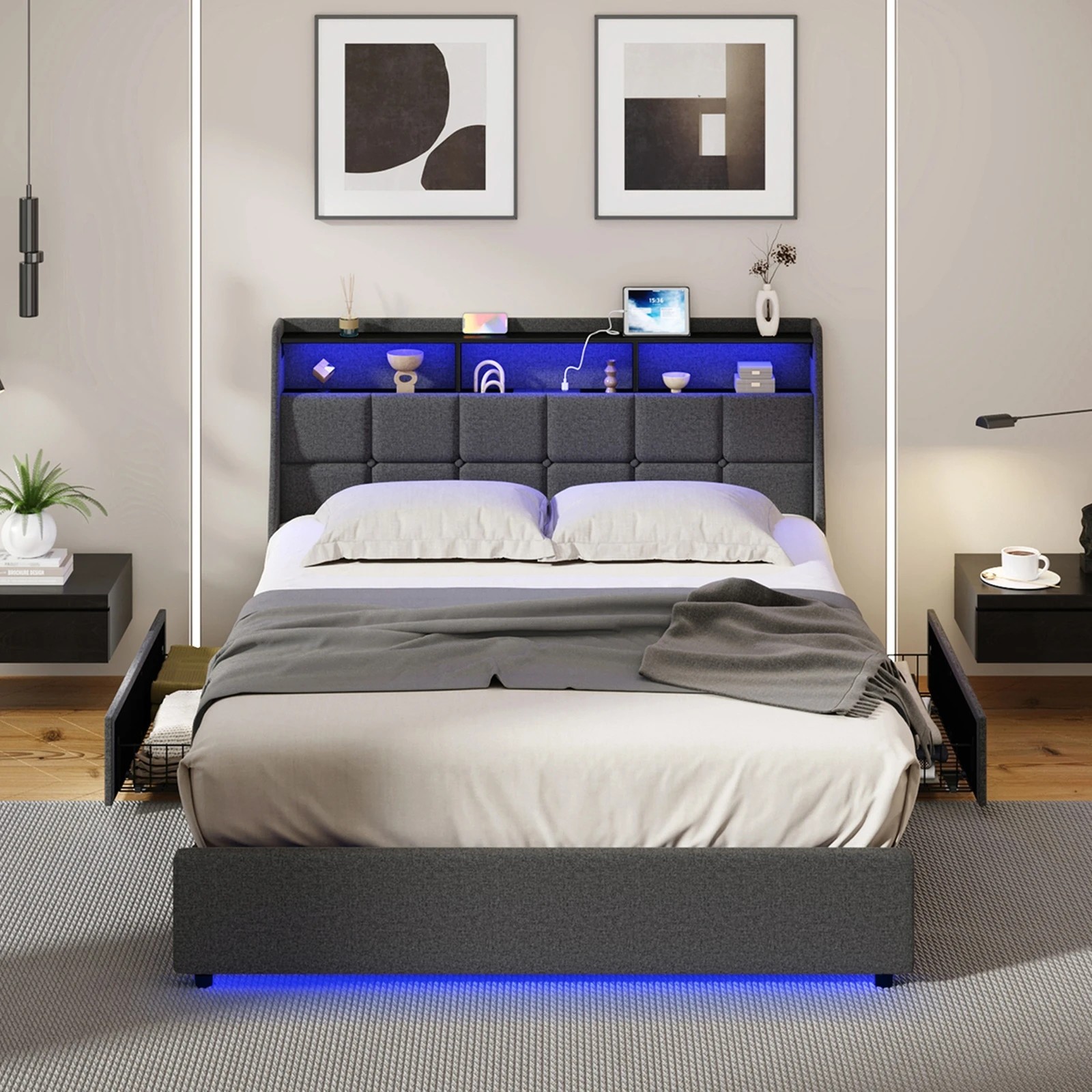 4 Oikiture Double Size Bed Frame with LED Lights and Storage Headboard & Charging Station- Grey, 4 of 7