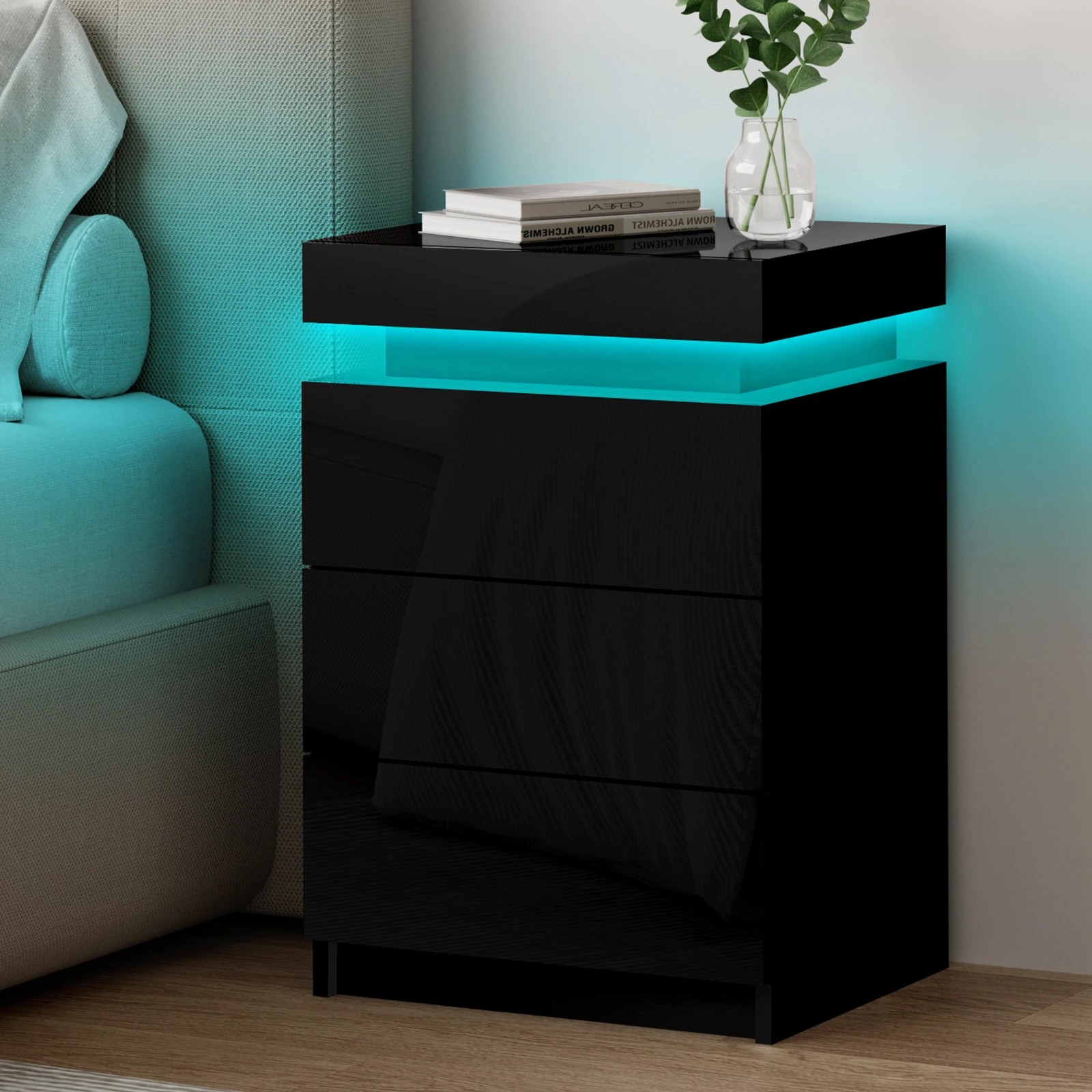 2 Alfordson Bedside Table RGB LED Nightstand 3 Drawers 4 Side High Gloss - Black, 2 of 10