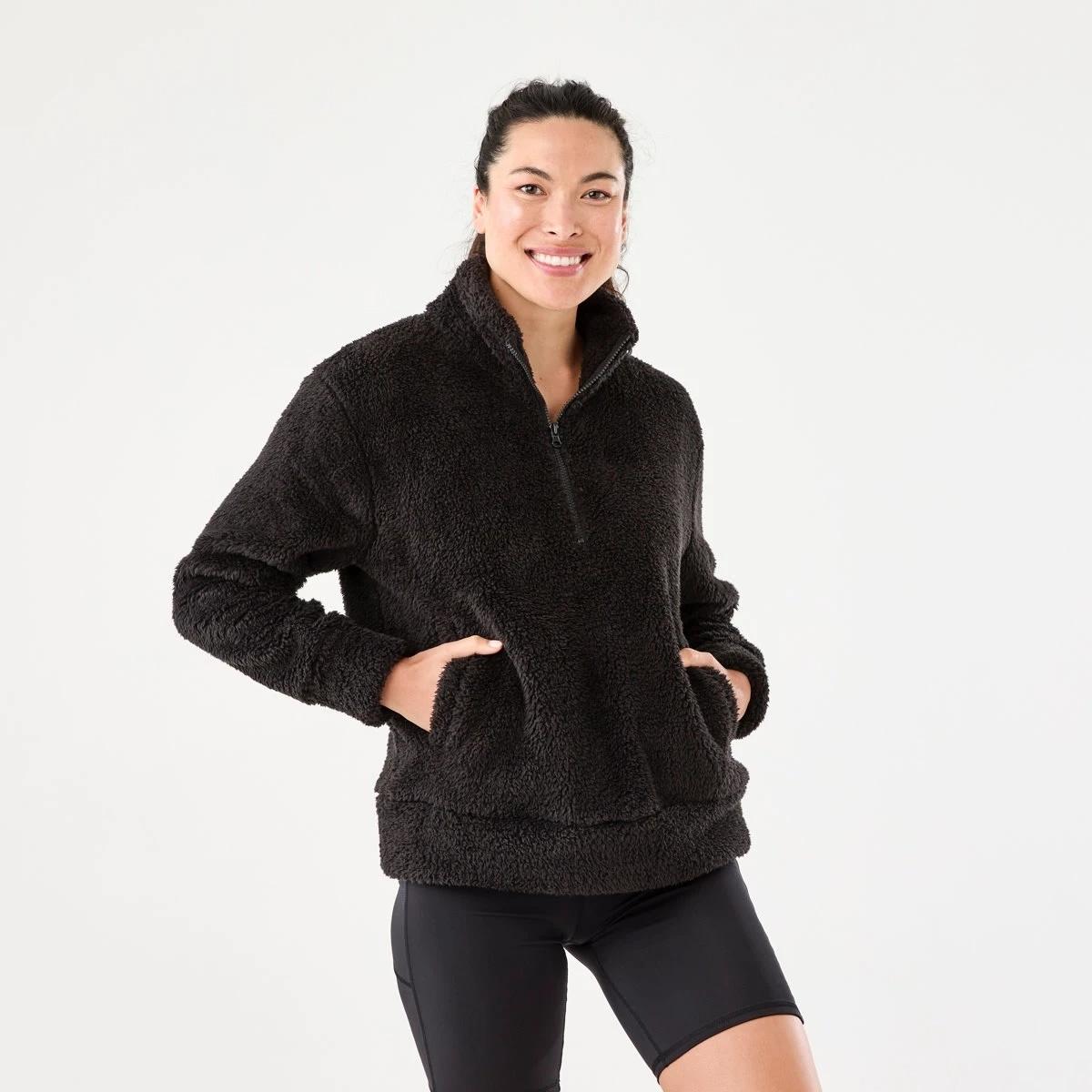 1 Active Womens Sherpa 1/4 Zip Sweatshirt BLACK, 1 of 5