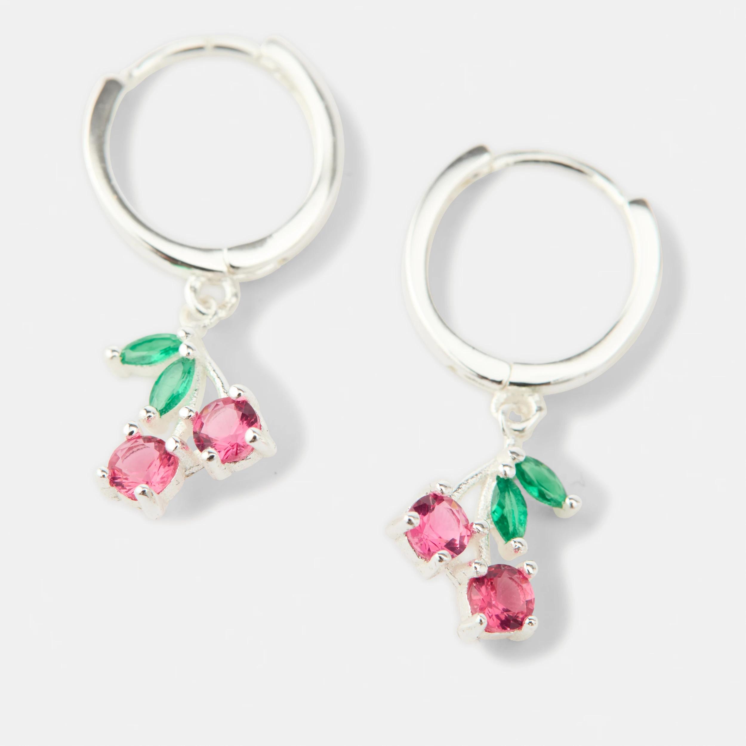 2 Cubic Zirconia Sterling Silver 925 Cherry Huggie Hoop Earrings Silver, 2 of 5