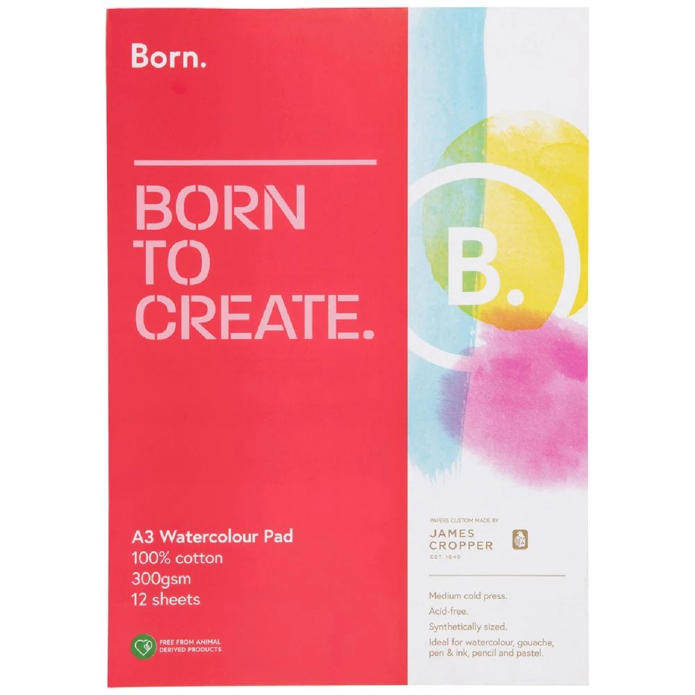 1 Born A3 Watercolour Pad 100% Cotton 300gsm 12 Sheets, 1 of 2