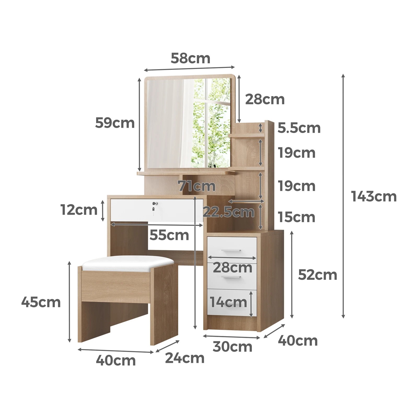 5 Alfordson Dressing Table Stool Makeup Mirror Vanity Desk - Natural, 5 of 10