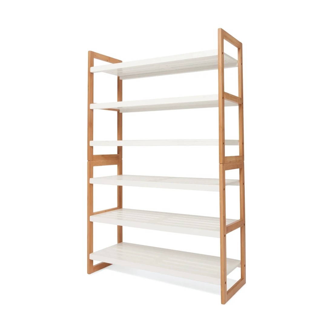3 3 Tier Stackable Bamboo Shoe Rack with White Shelves, 3 of 5