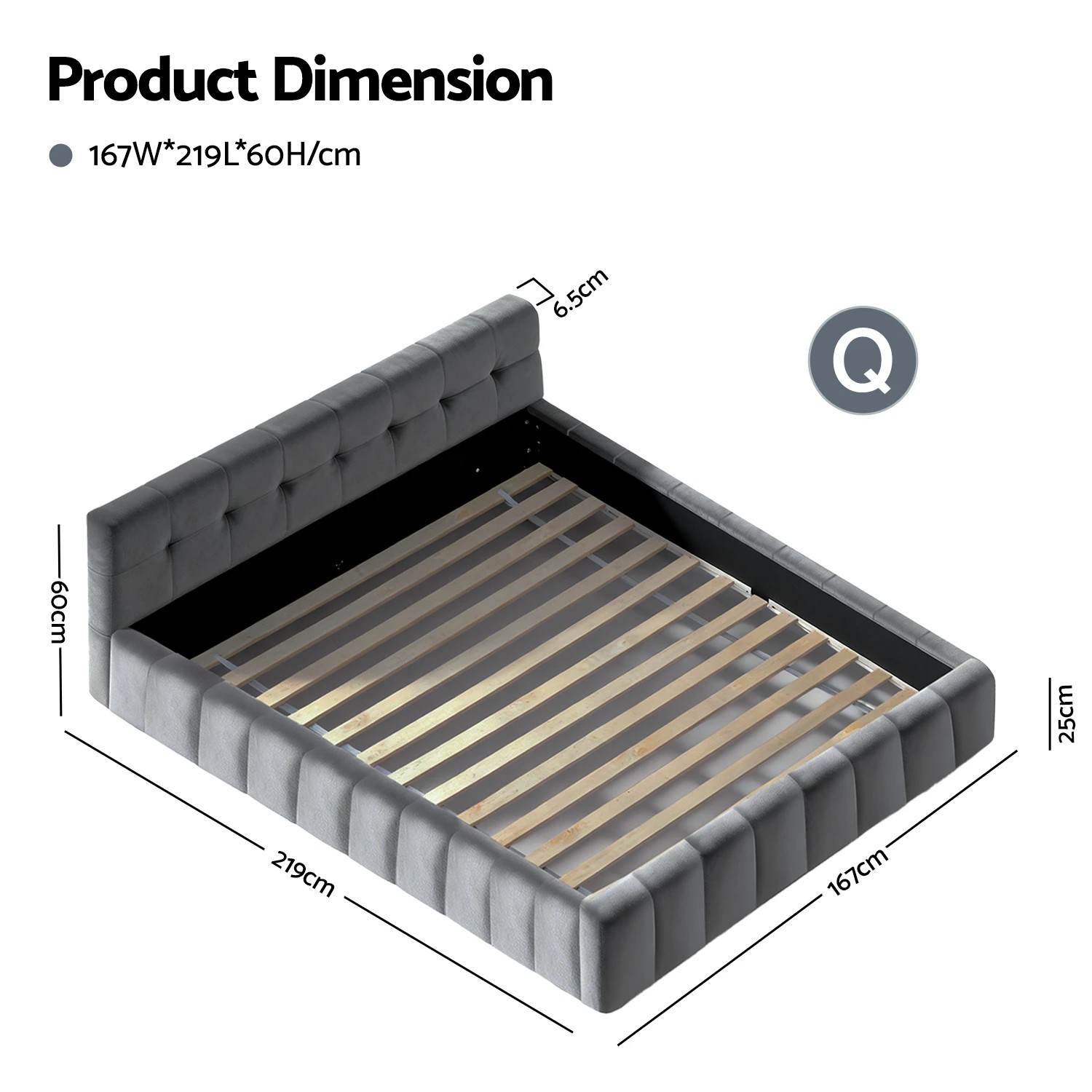 2 Artiss Queen Size Bed Frame Plush Soft Headboard Velvet Platform Base for Modern Bedrooms - Grey, 2 of 6