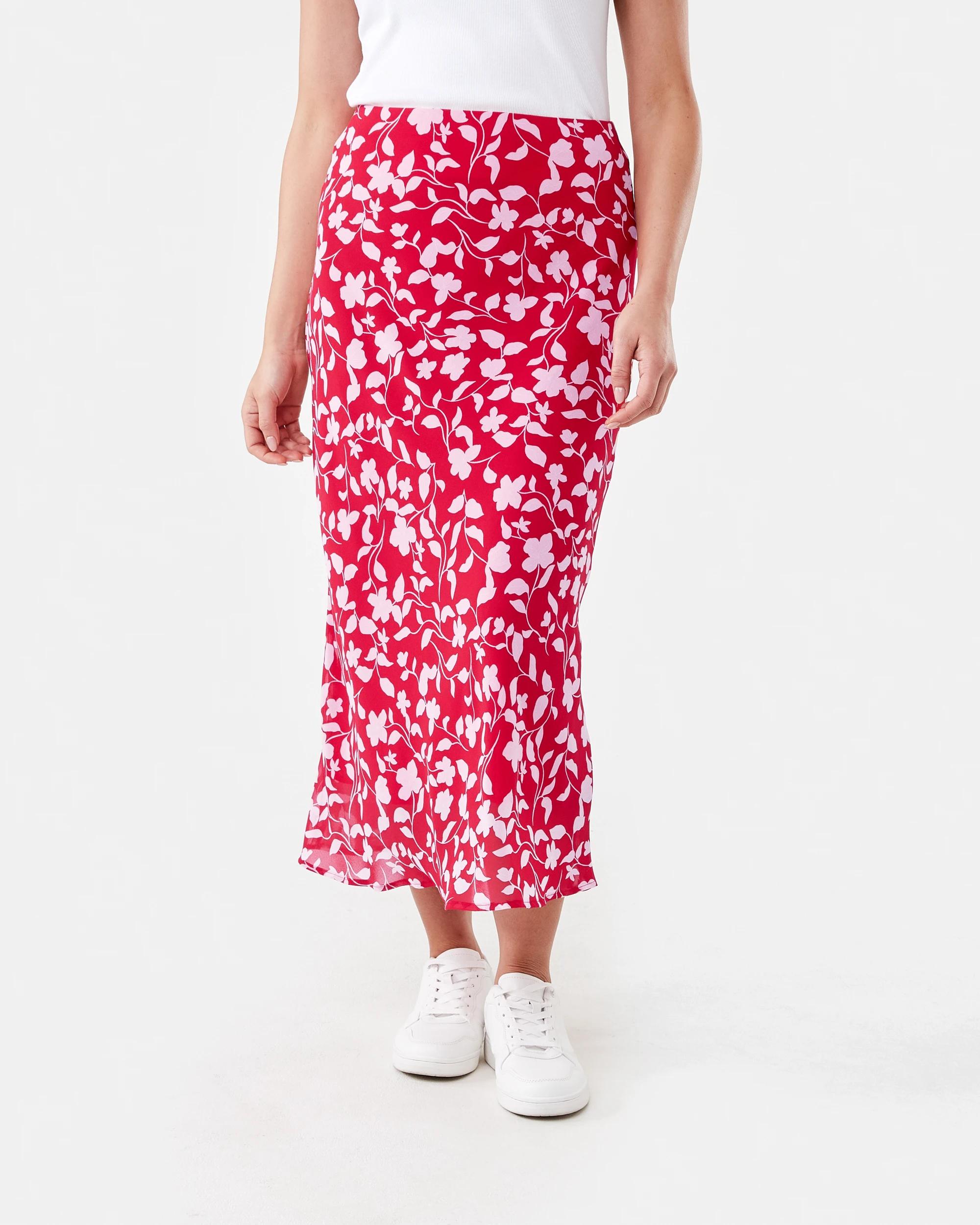 1 Chiffon Slip Midi Skirt Red Flrl, 1 of 5