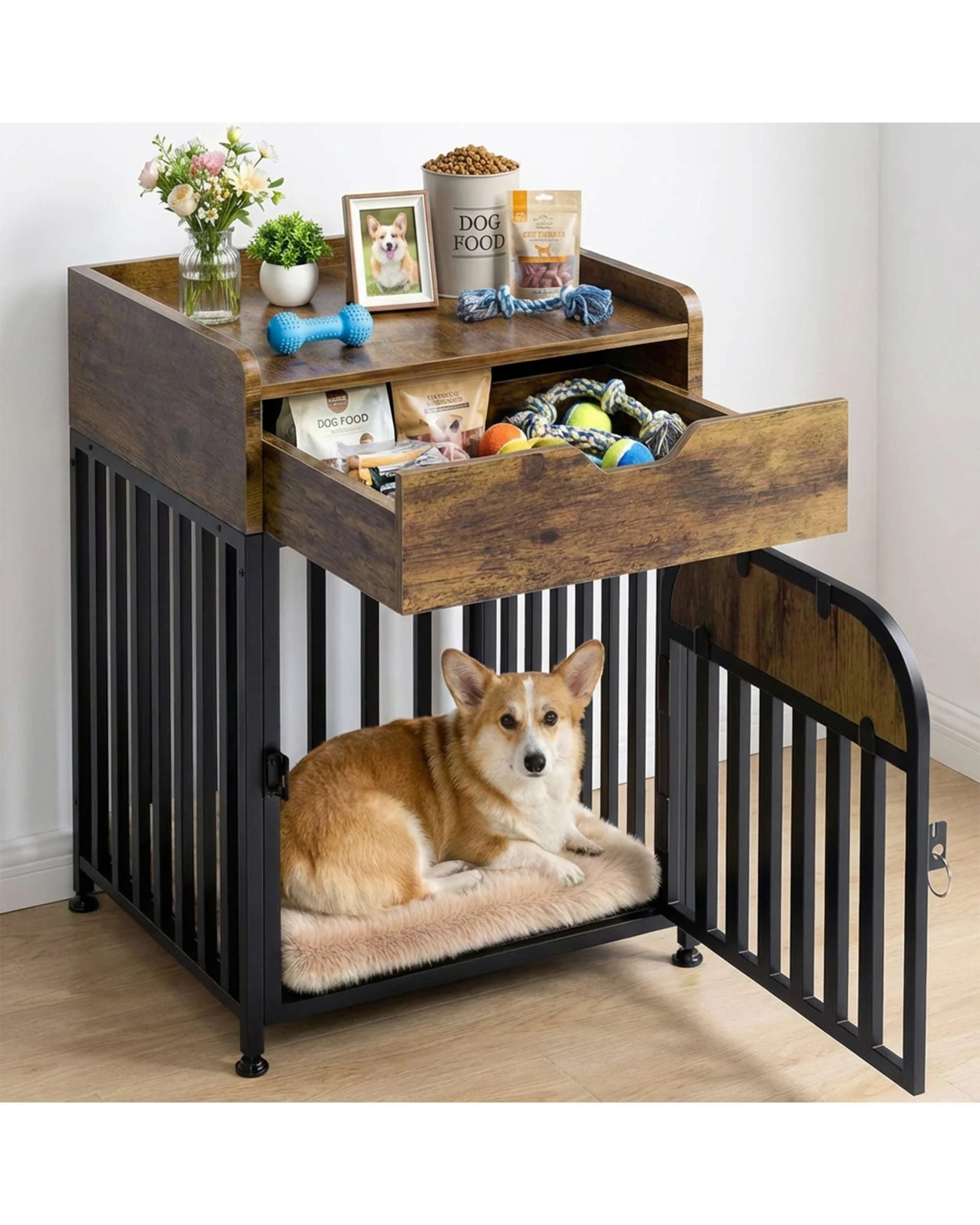 4 Advwin Wooden Wire Dog Kennel Side End Table Steel Puppy Crate, 4 of 8