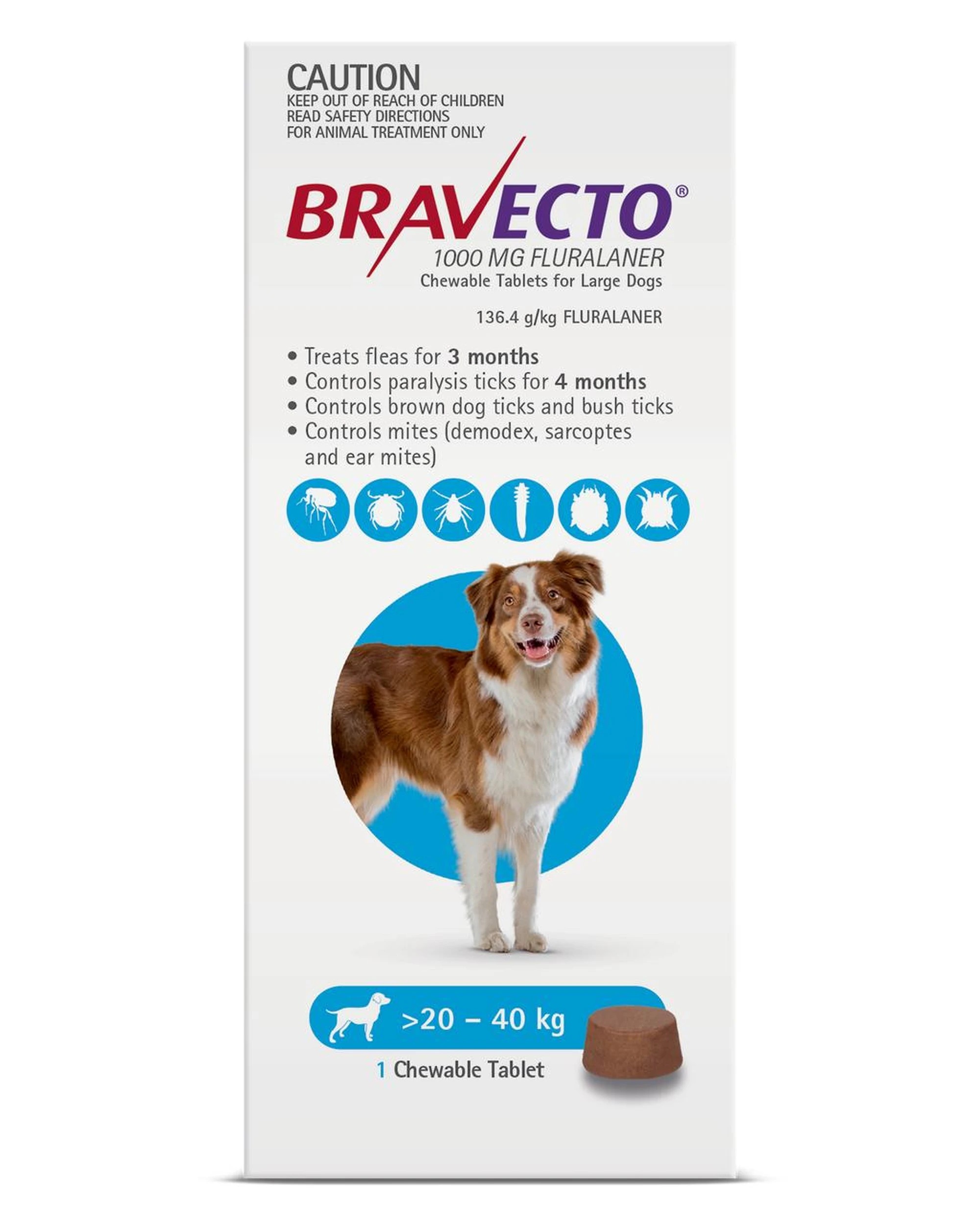 2 Bravecto Dog 6 Month Chew Tick & Flea Treatment 20-40kg Large Blue, 2 of 3