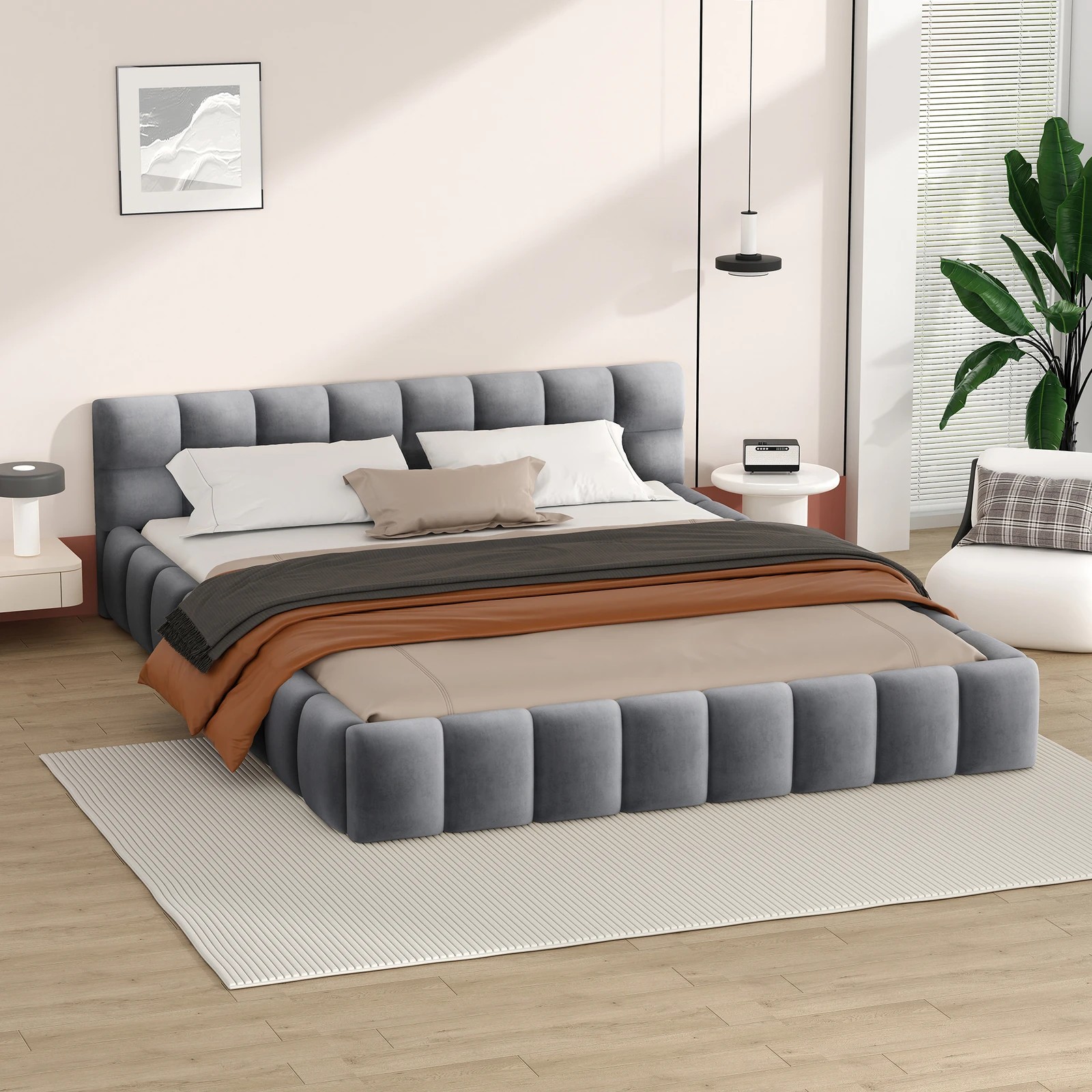 6 Alfordson Bed Frame Queen Size Tufted Headboard Foundation Velvet Talmon - Grey, 6 of 10