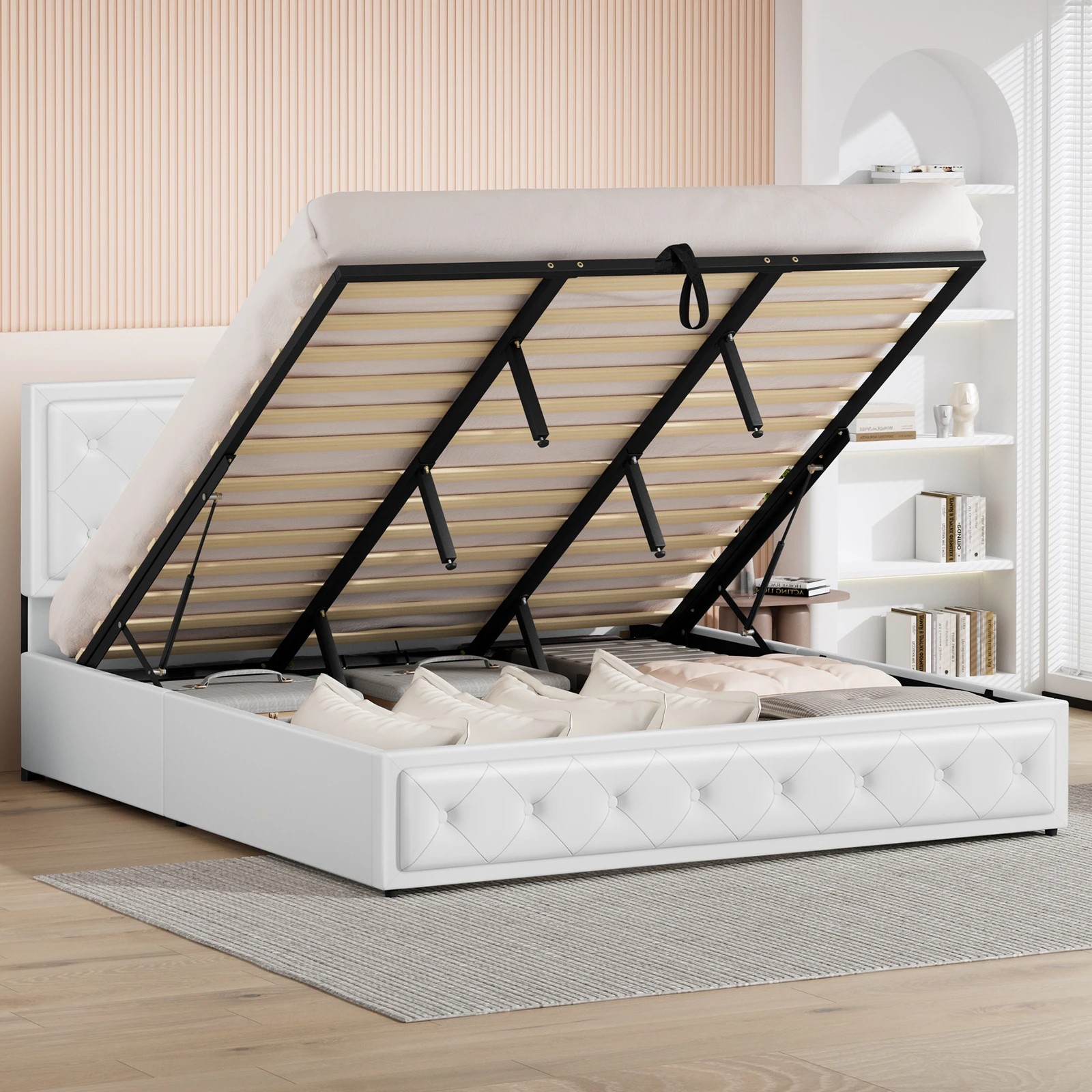 4 Alfordson Bed Frame King Size Gas Lift Storage Mattress Base Leather Dinana - White, 4 of 10
