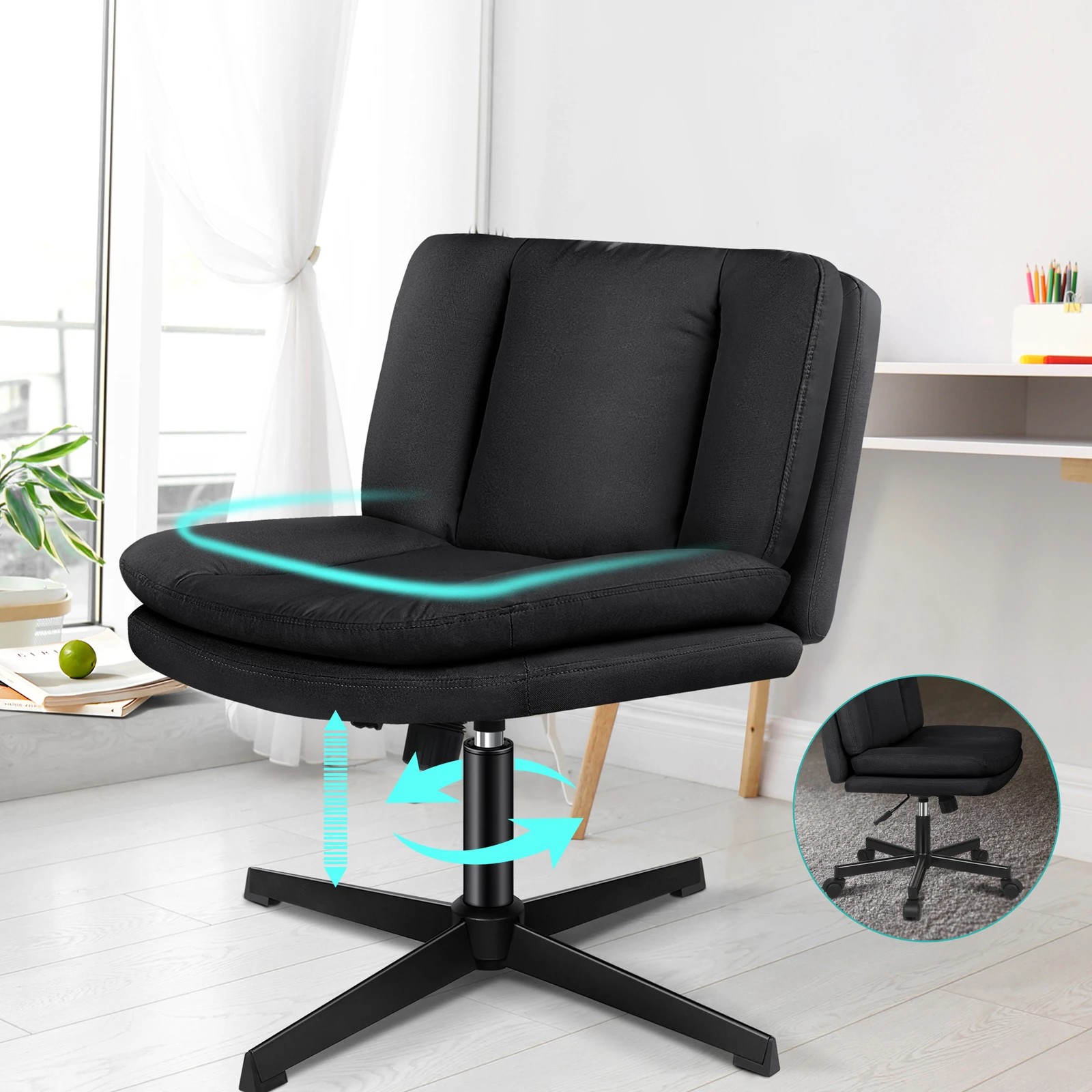 2 Alfordson Armless Office Desk Chair Mid Back Wide Seat Fabric - Black, 2 of 7