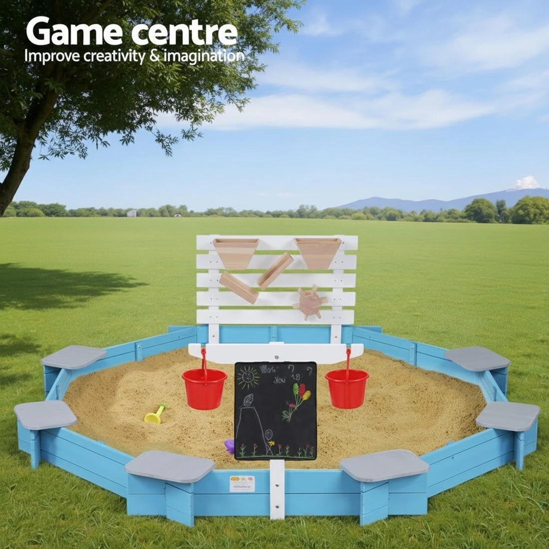 4 Keezi Kids Sandpit en Round Sand Pit Funnel Bench Seat Beach Toys 215cm - Natural, 4 of 7