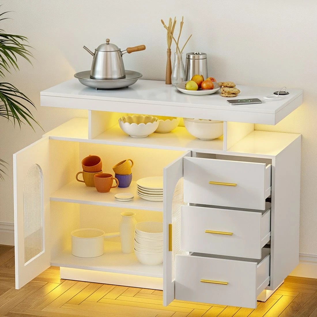 3 Artiss Buffet Sideboard Cabinet LED Clear Door Kitchen Storage Drawers - White, 3 of 6