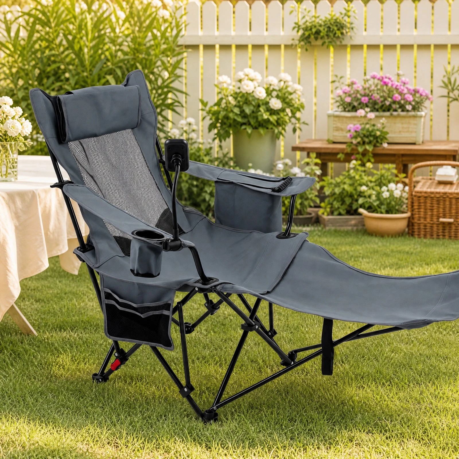 2 Costway 2-in-1 Reclining Camping Chair Folding Lounge w/Detachable Footrest & Phone Stand - Grey, 2 of 3