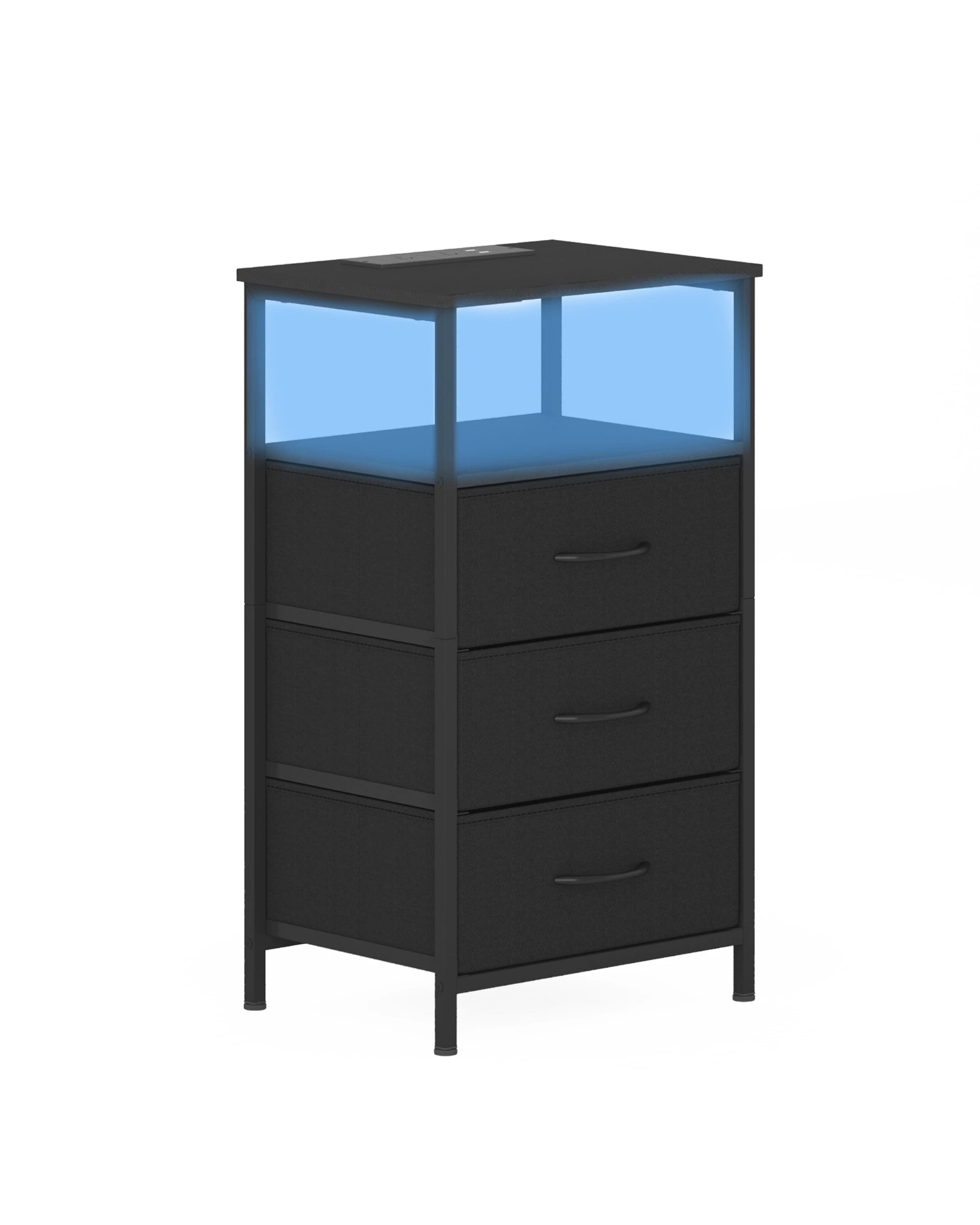 1 Advwin Led Bedside Table with Charging Station 3 Fabric Drawers - Black, 1 of 5