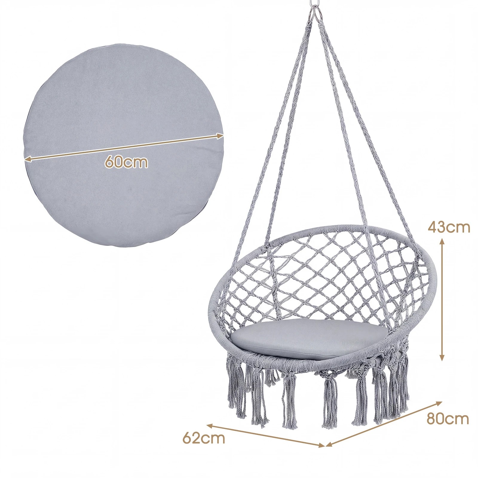 2 Costway Macrame Hammock Chair Boho Rope Hanging Swing Chair - Grey, 2 of 4