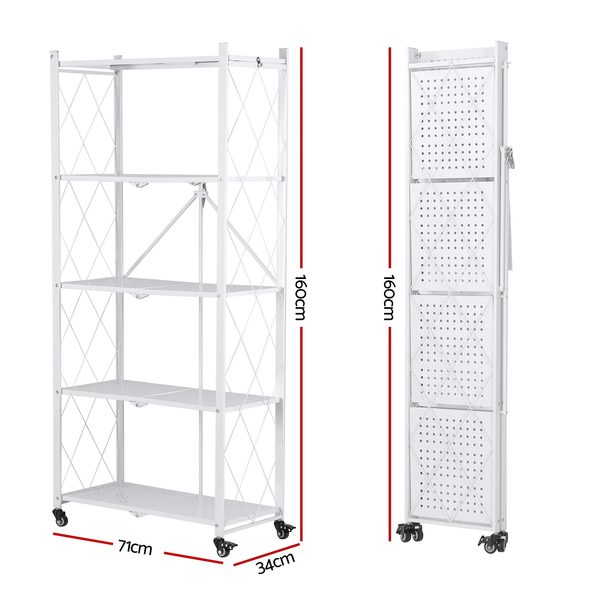 3 Artiss 5-Tier Foldable Kitchen Bakers Rack with Wheels 71x34x160cm Metal Microwave Stand 25kg Capacity Per - White, 3 of 10