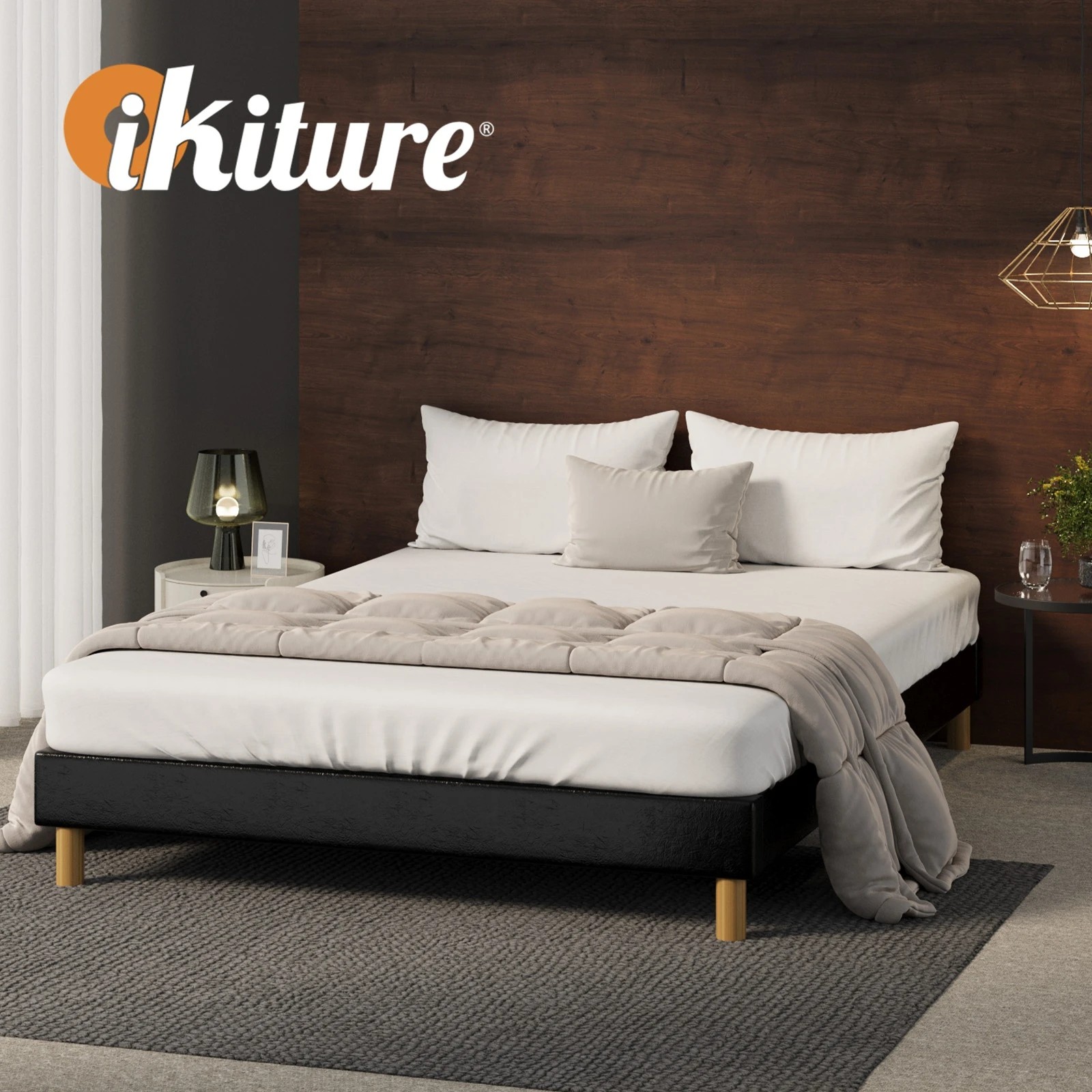 5 Oikiture Bed Frame Queen Size Bed Base PU Leather - Black, 5 of 9