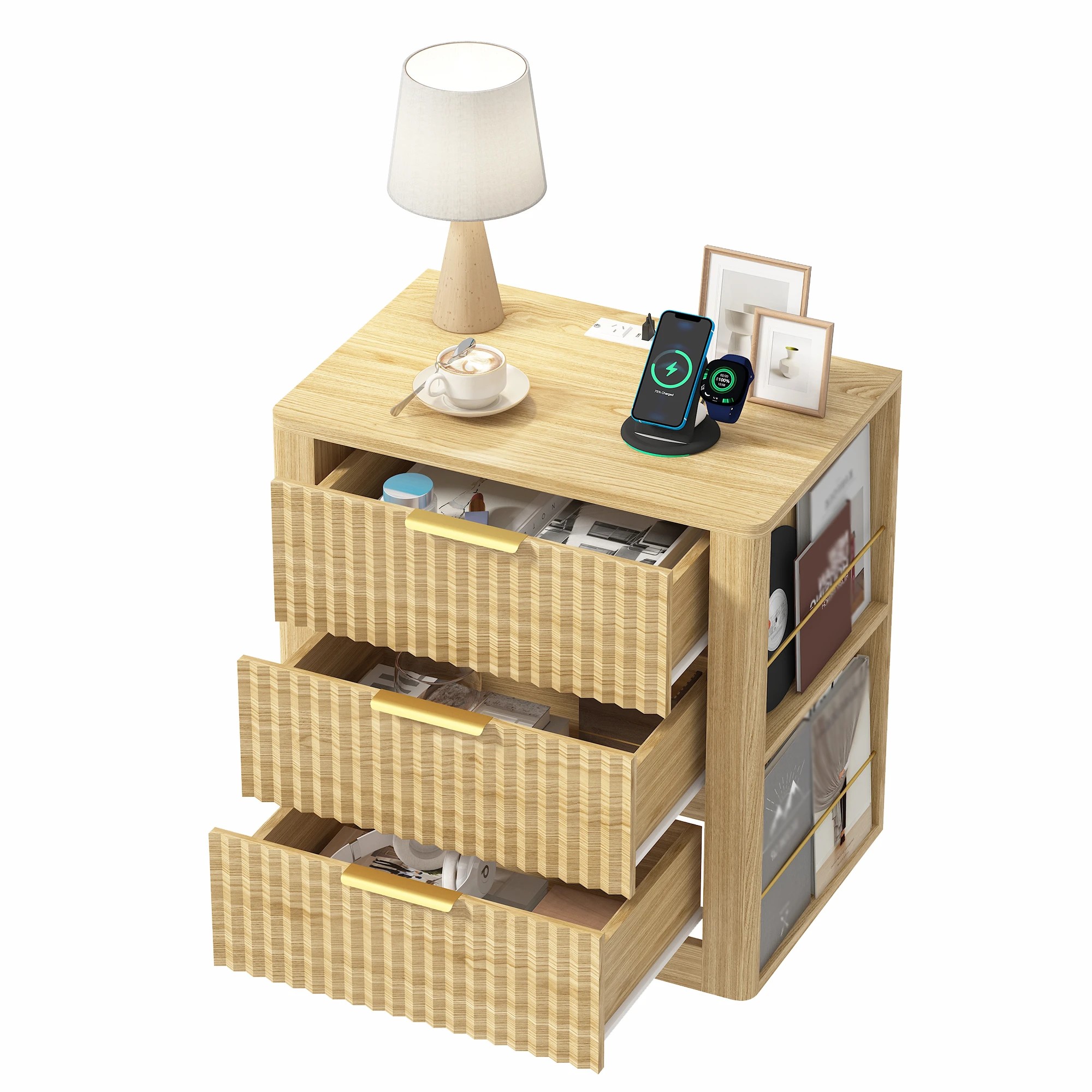 Advwin Set of 2 Fluted Bedside Table with 3 Drawers Metal Handles ...