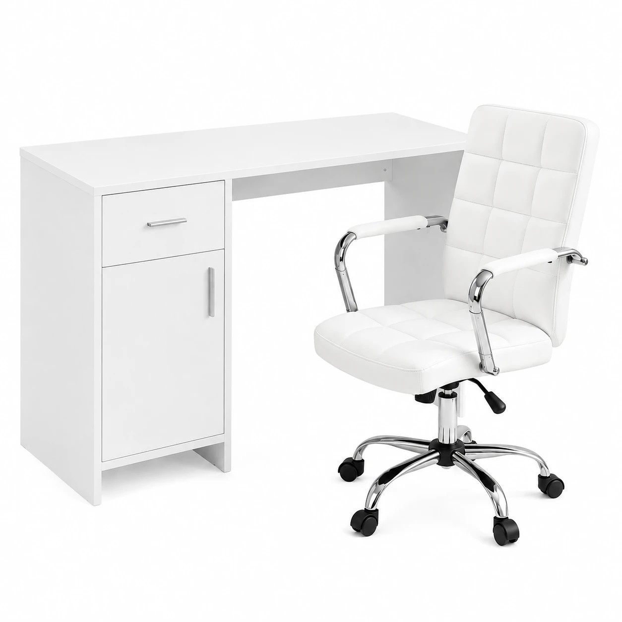 1 Artiss Office Desk and Chair Set 100cm Computer Desk PU Leather Office Chair Home Office Study - White, 1 of 9