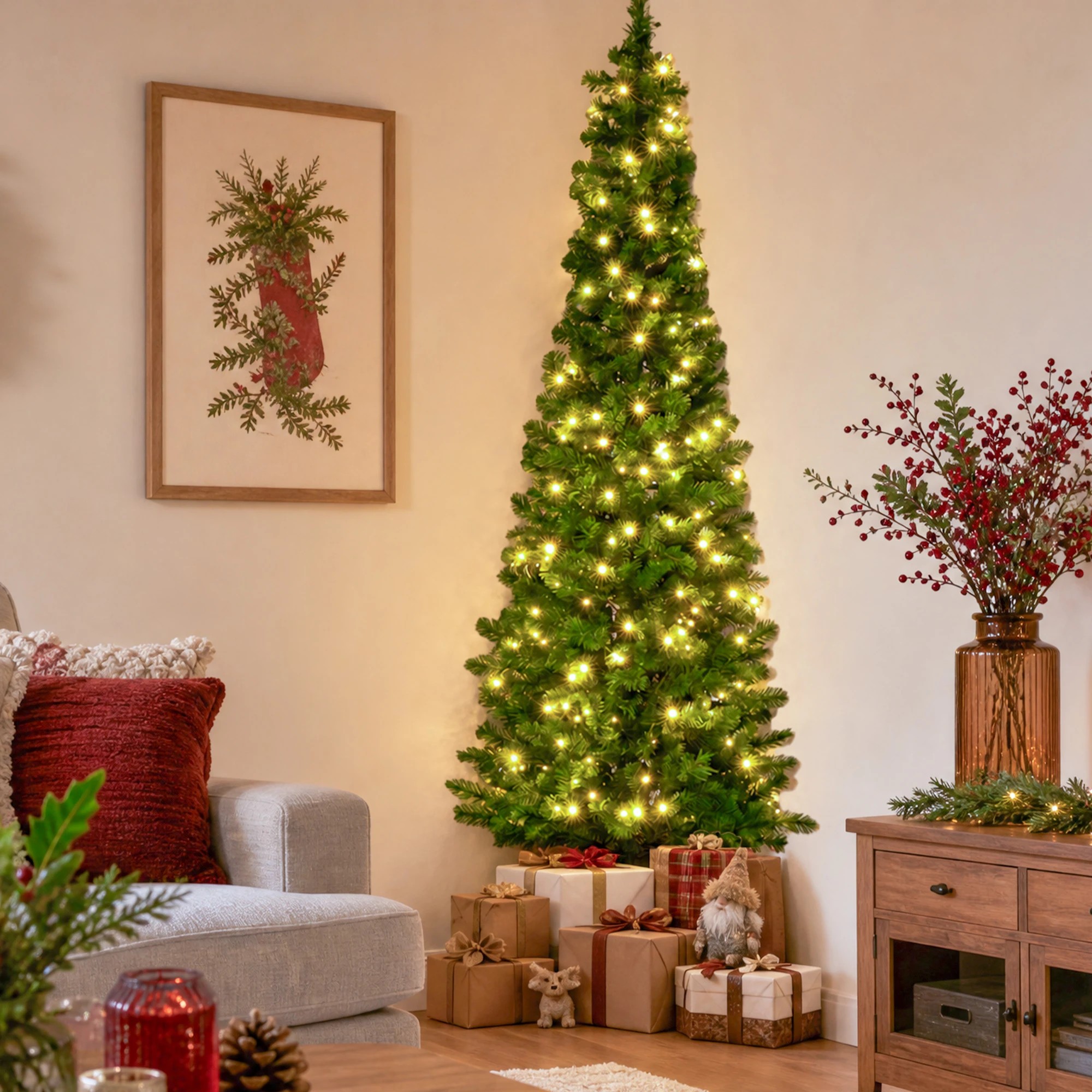 6 Jingle Jollys 2.4m Pre-Lit Christmas Tree Slim Pencil Xmas Tree Corner Tree - Green, 6 of 8