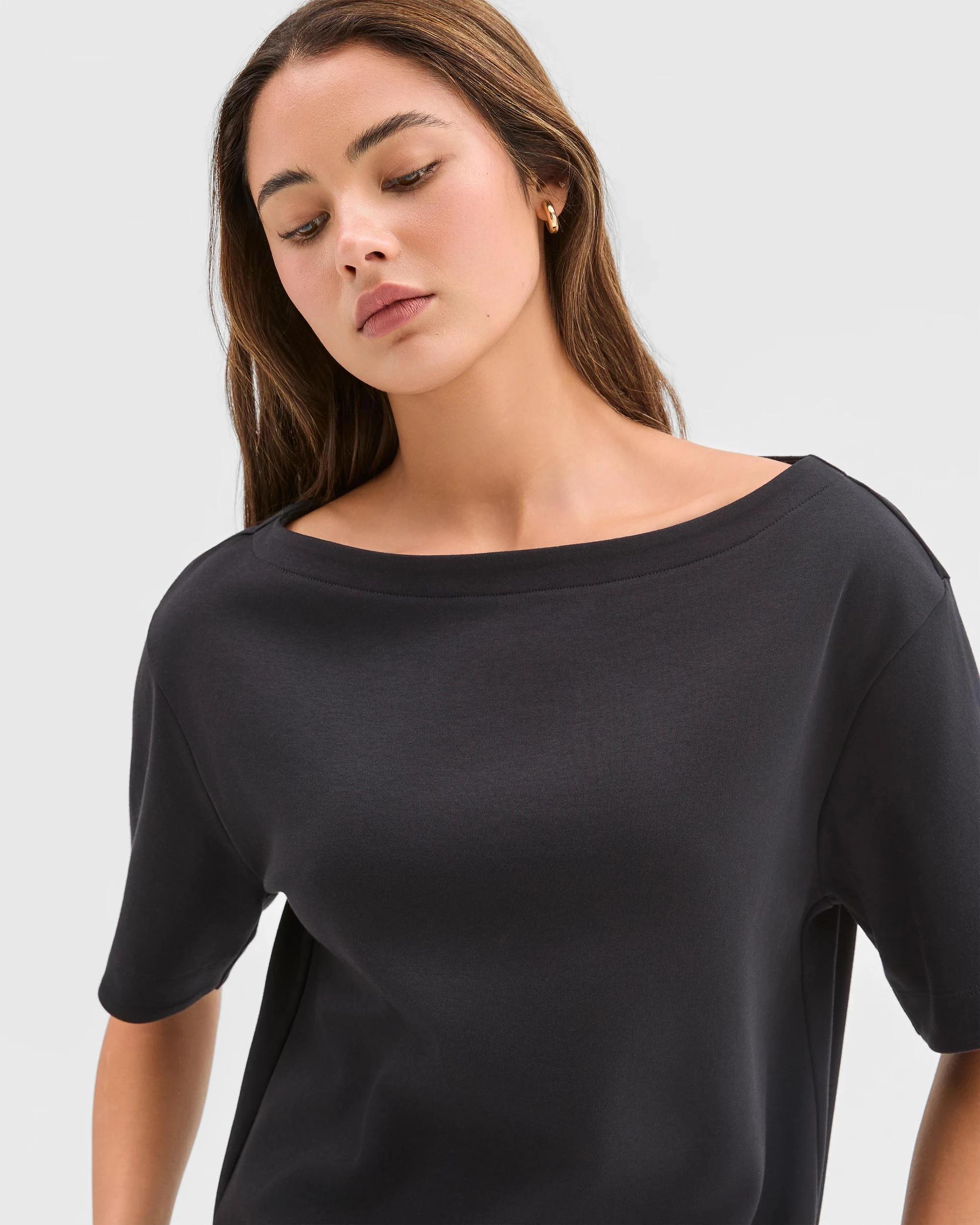 5 Lily Loves Australian Cotton Boat Neck Off Shoulder T-Shirt BLACK, 5 of 6