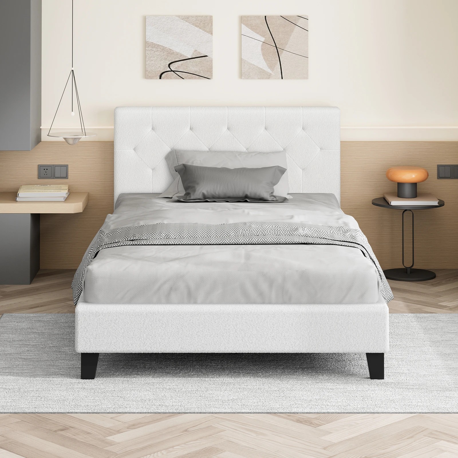 3 Alfordson Bed Frame Single Size Wooden Base Platform Boucle Madelyn - White, 3 of 10