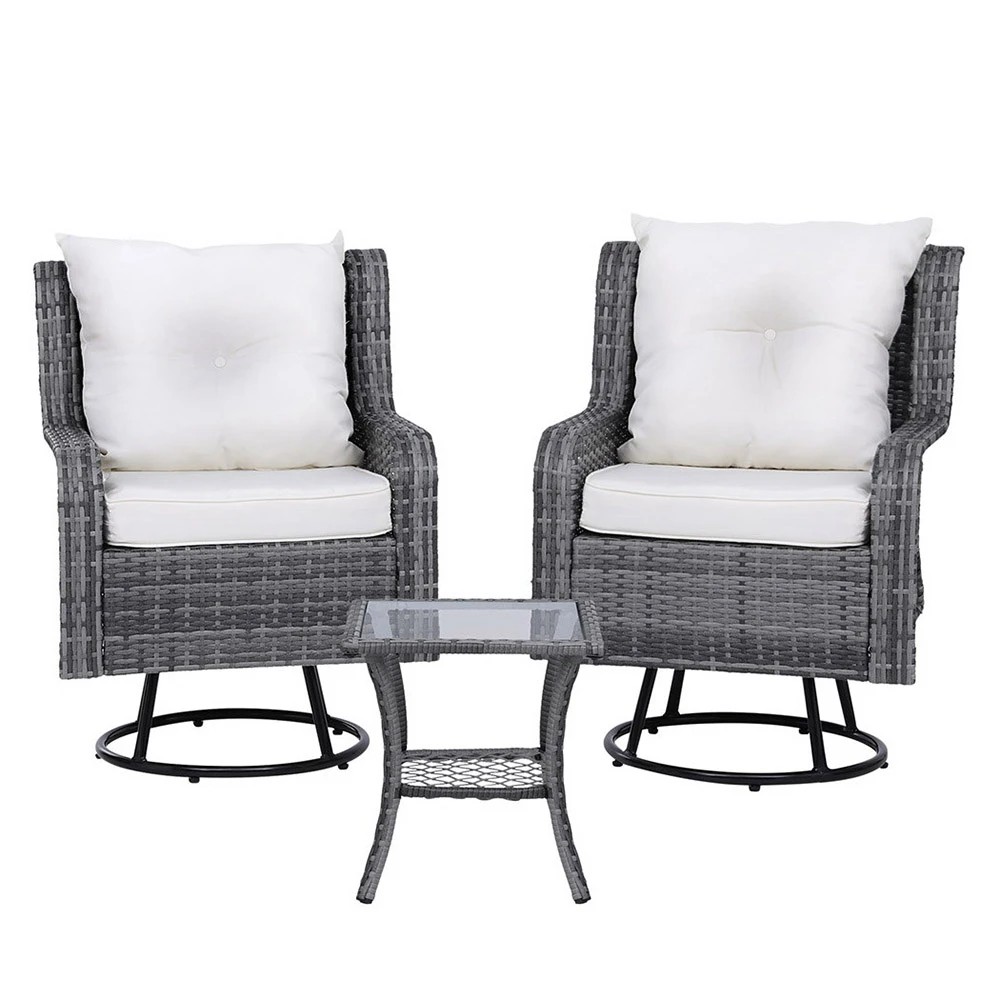 2 Gardeon 3PC Outdoor Furniture Bistro Set Lounge Wicker Swivel Chairs Table - Grey, 2 of 5
