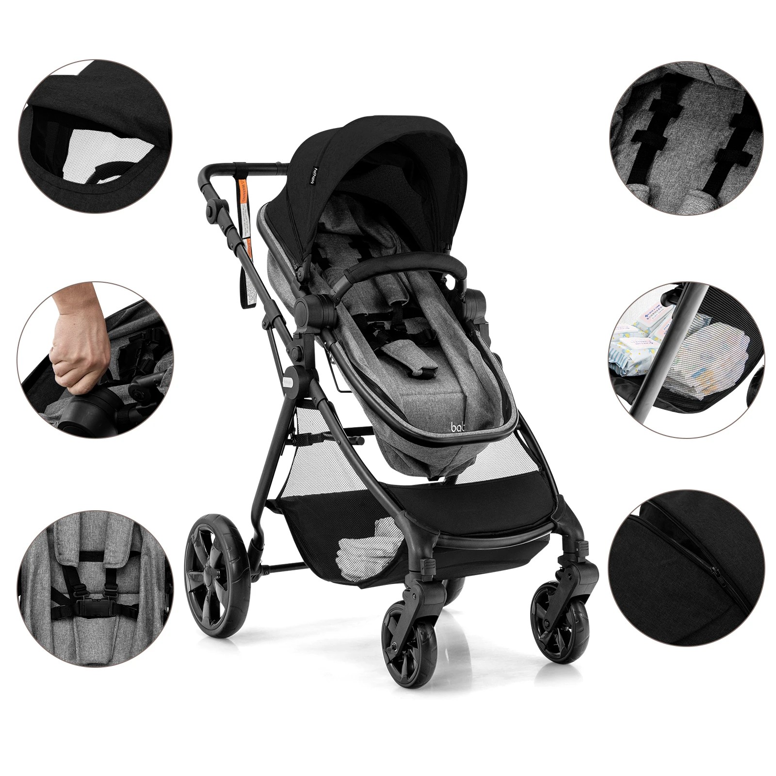 6 Costway Convertible Pram Folding Stroller - Black, 6 of 6