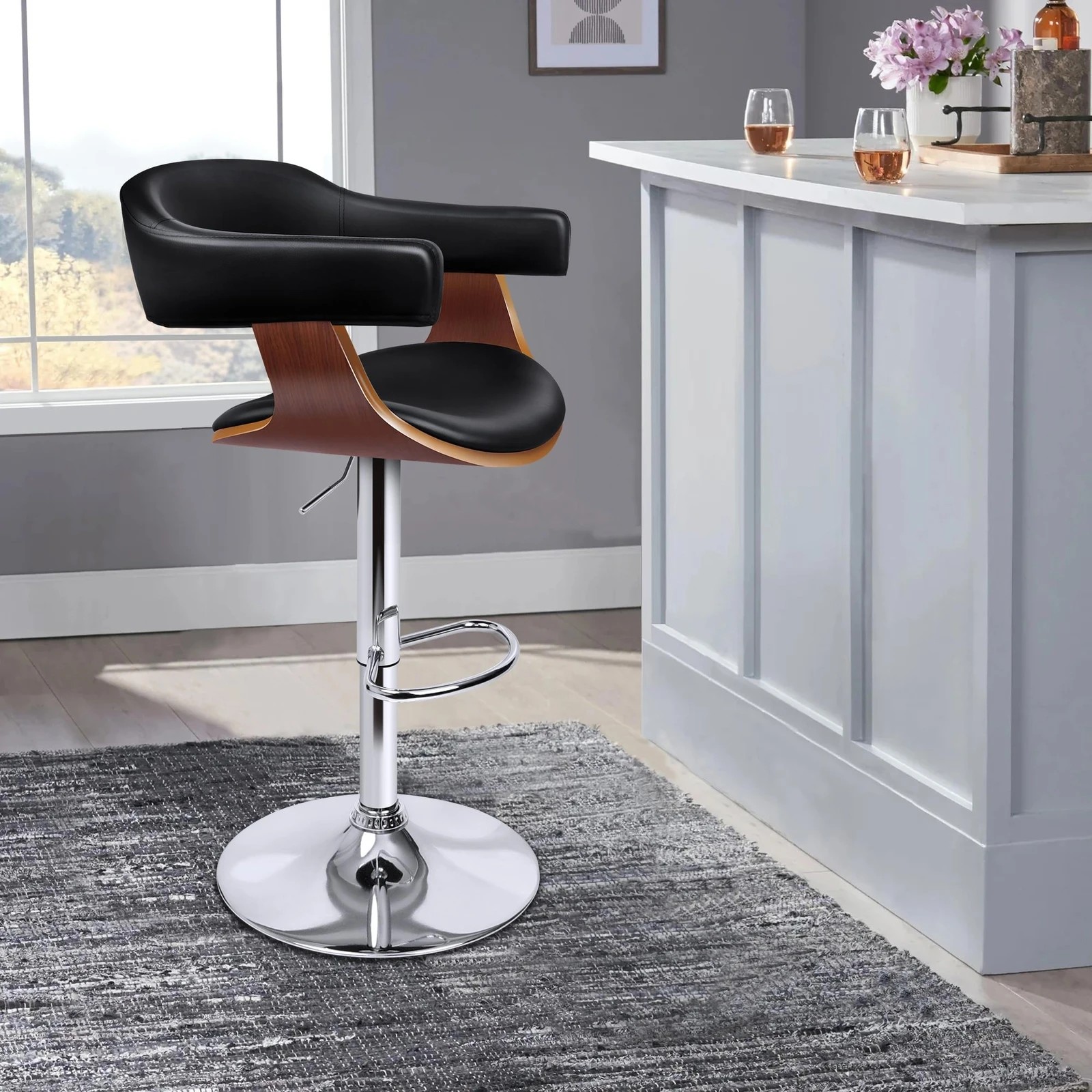 2 Alfordson 1x Bar Stool Joan Kitchen Swivel Chair Wooden Leather Gas Lift - Black, 2 of 9