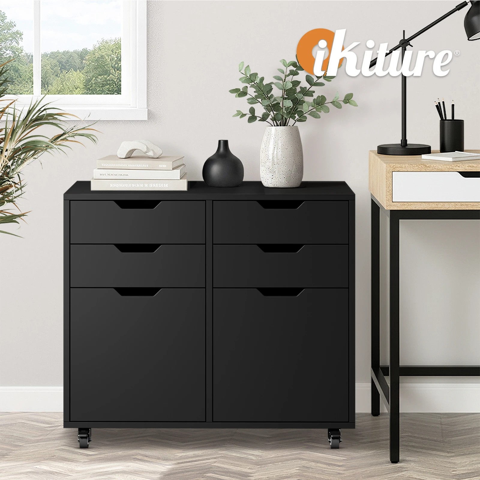 5 Oikiture Filing Cabinet 2 Door 4 Drawer Mobile Office Storage Cabinet - Black, 5 of 8