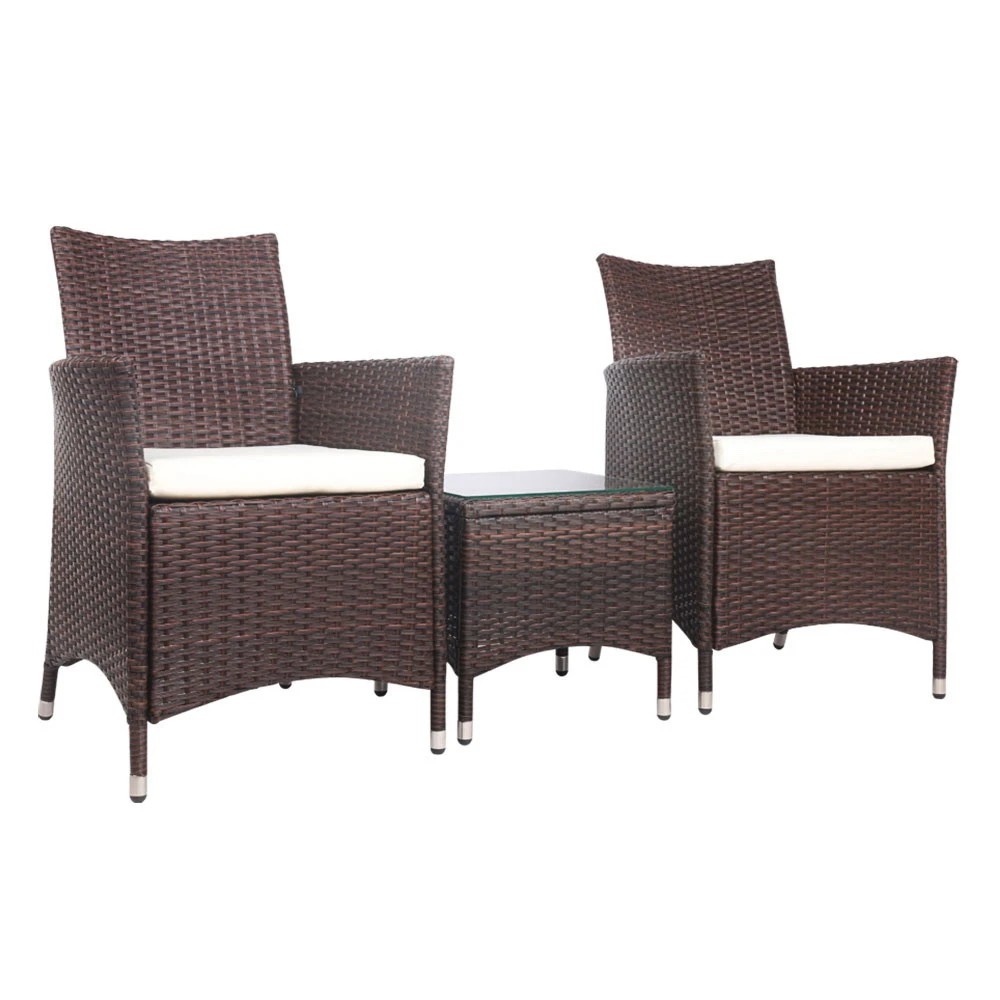 1 Gardeon 3PC Outdoor Bistro Set Patio Furniture Wicker Setting Chairs Table Cushion - Brown, 1 of 8