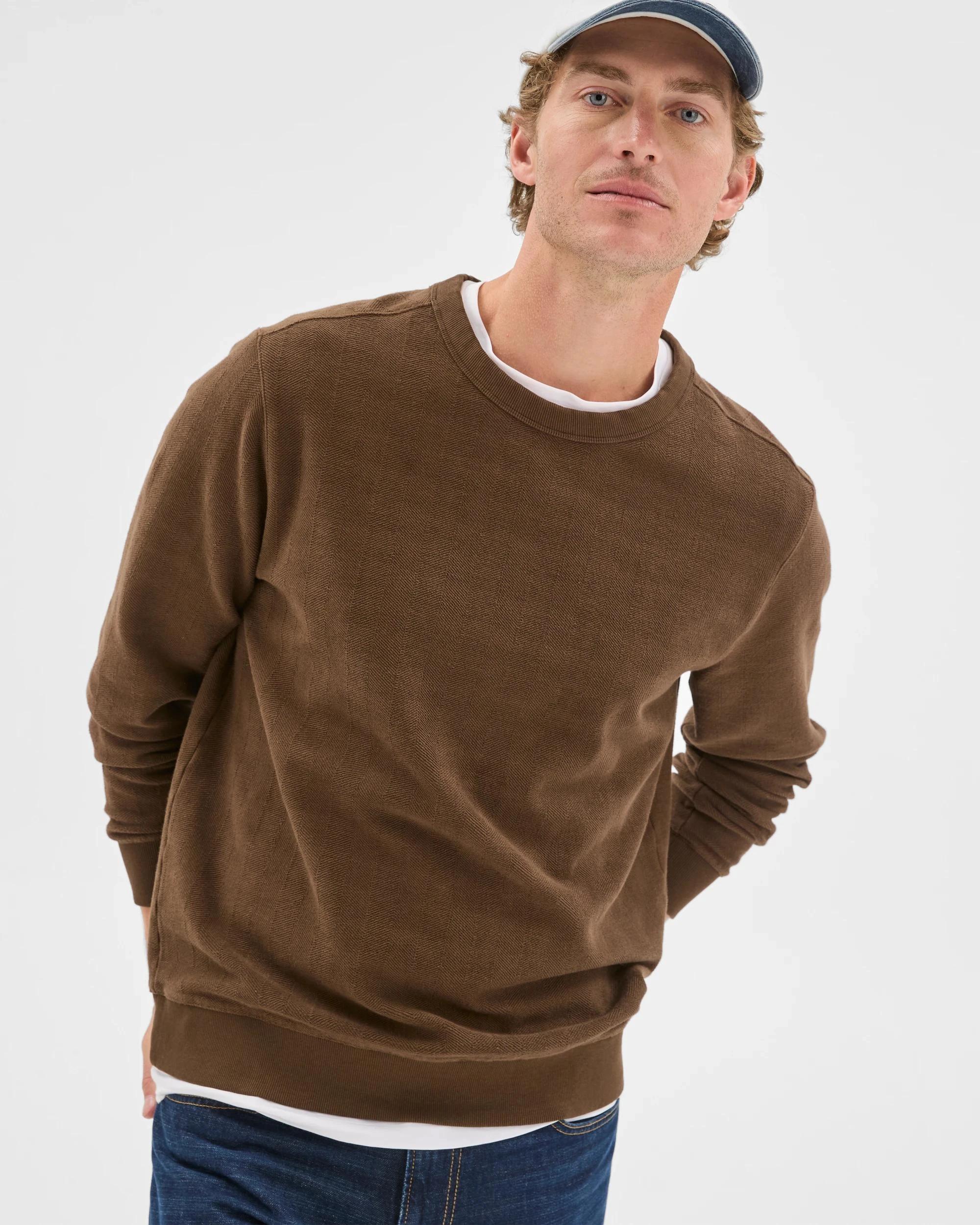 1 Target Man Australian Cotton Herringbone Long Sleeve Crew Neck Fleece Top CHOCOLATE, 1 of 6