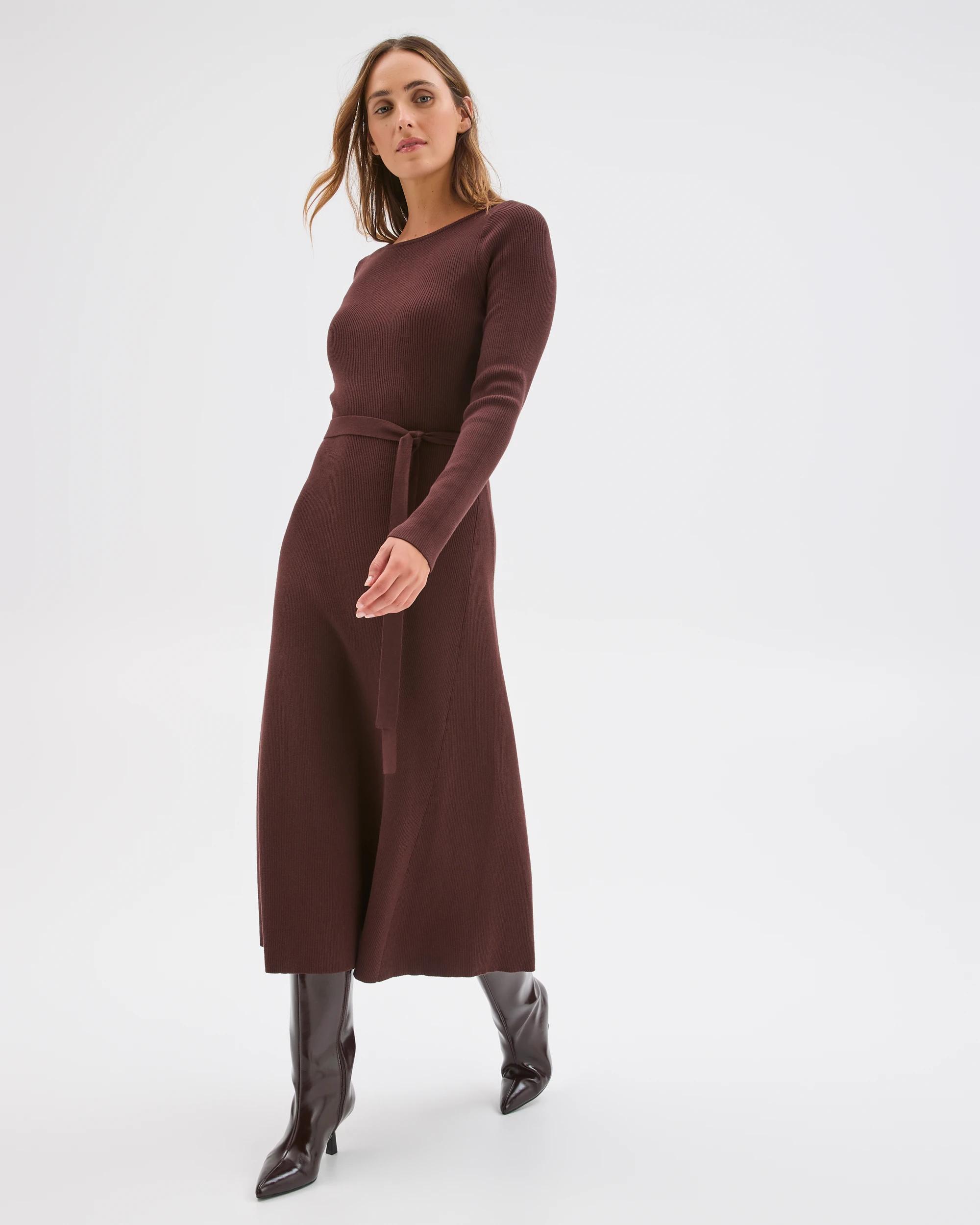 2 Preview Australian Cotton Blend Long Sleeve Knit Midi Dress DARK CHOCOLATE, 2 of 5