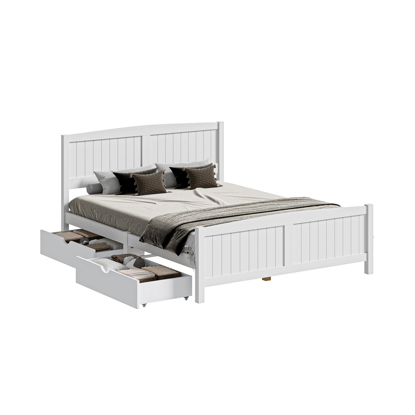 1 Oikiture Wooden Bed Frame Queen Size Base With Trundle Storage Drawers
 - White, 1 of 8
