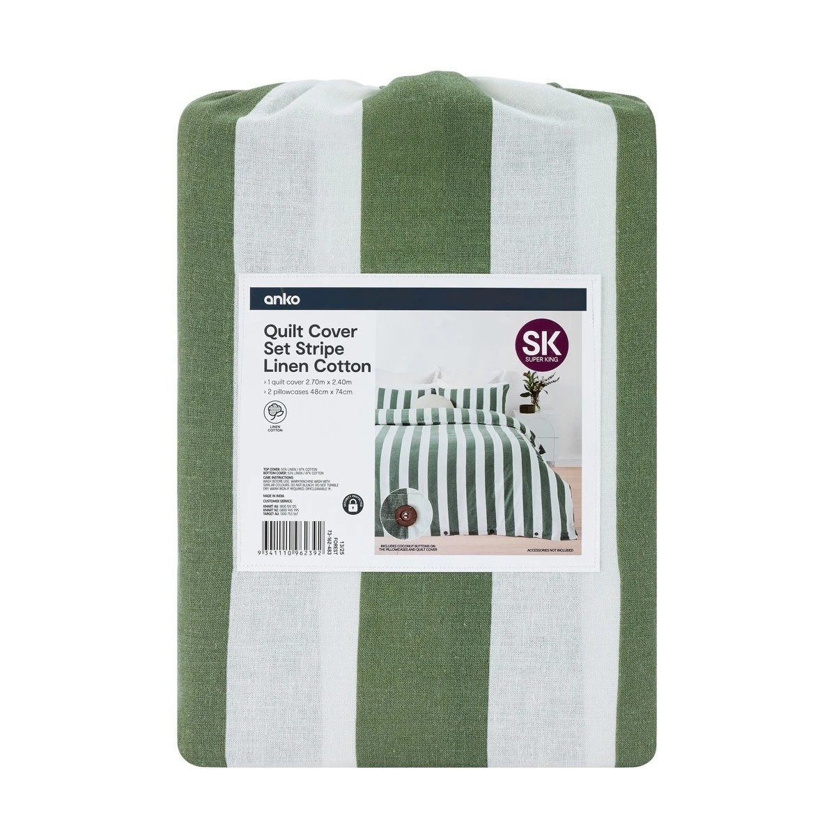 8 Stripe Linen Cotton Quilt Cover Set - Super King Bed, Forest, 8 of 8