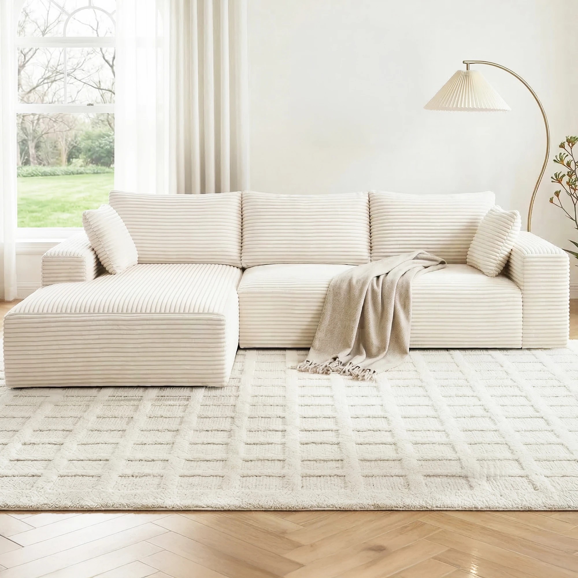 5 Artiss 3 Seater Modular Sofa Bed Sectional Boneless Couch for Living Room Corduroy Compressed Sofa - White, 5 of 10