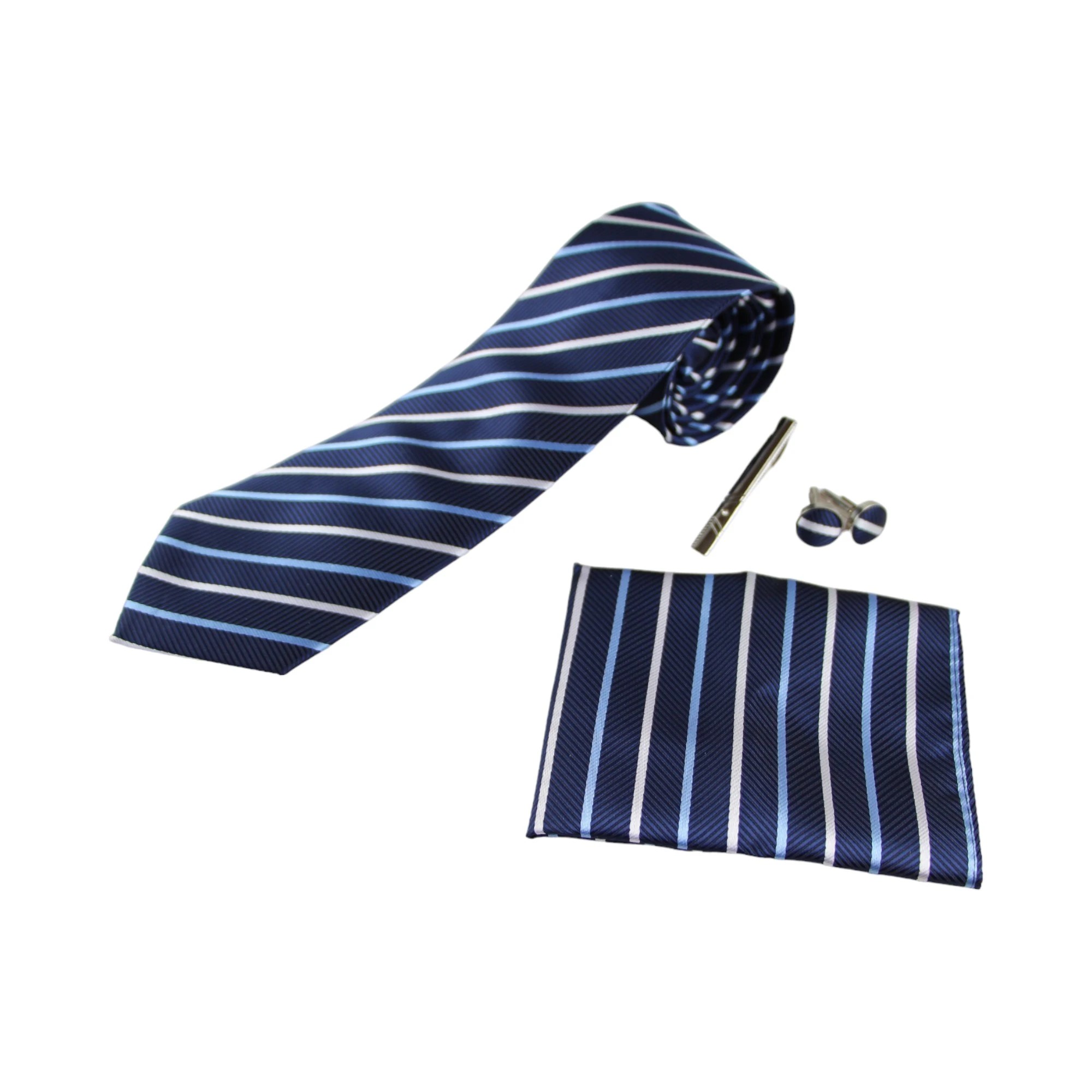 1 Zasel Mens Navy Striped Matching Neck Tie, Pocket Square, Cuff Links And Tie Clip Set - Multi - Multi, 1 of 3