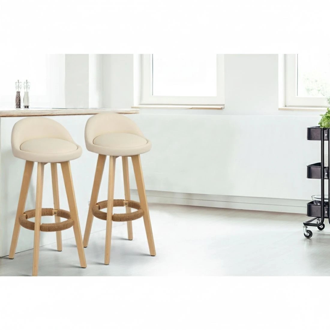 4 Artiss 4x Bar Stools Padded Leather Wooden - Beige, 4 of 5