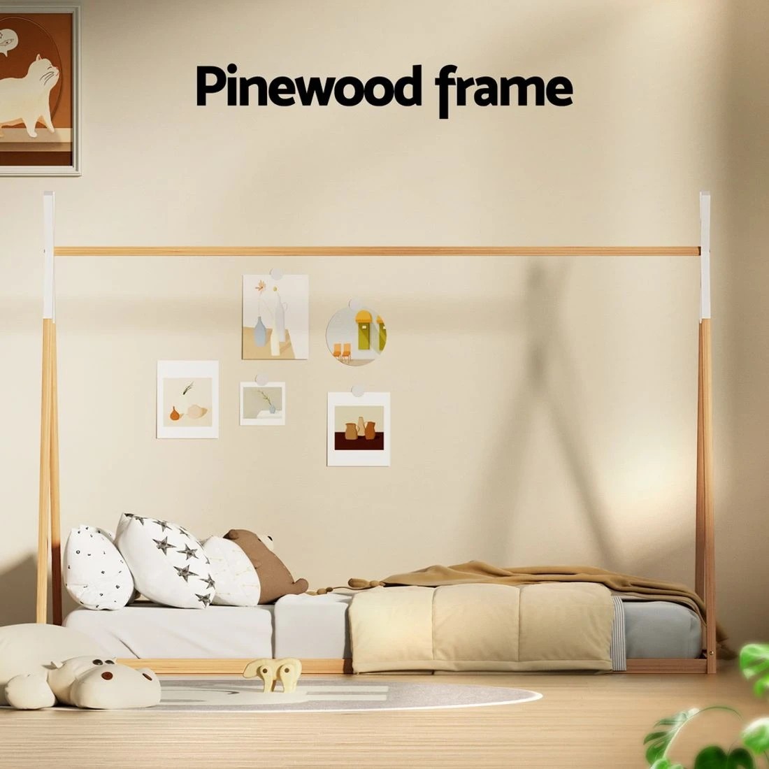 5 Artiss Bed Frame Wooden Kids House Single Frame Oak ENID - Natural, 5 of 7